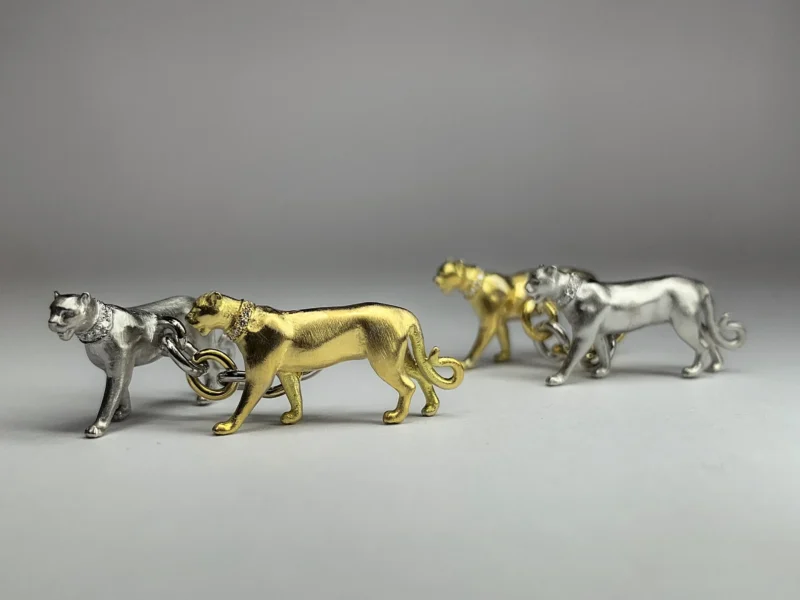 Bespoke Commission: 18 ct Yellow Gold and Platinum Panther Cufflinks with Diamond Collars