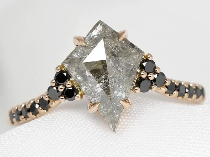 Bespoke Commission: Salt and Pepper Fantasy Kite Cut Diamond with Round Black Diamonds in 18 ct Rose Gold