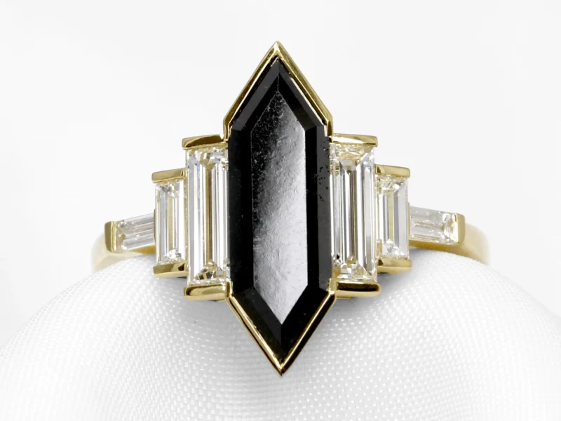 Bespoke Commission: Elongated Black Hexagonal Diamond with Baguette Cut Diamonds in 18 ct Yellow Gold Completed 2025