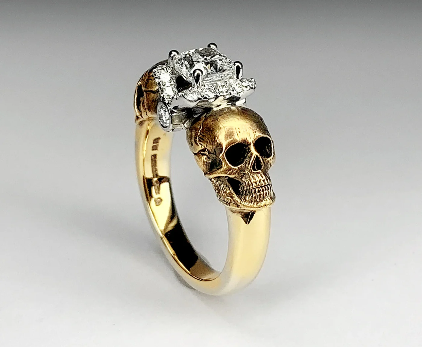 Bespoke Timothy Roe Gold and Platinum Skull Ring in Yellow Gold with customer's own Diamonds