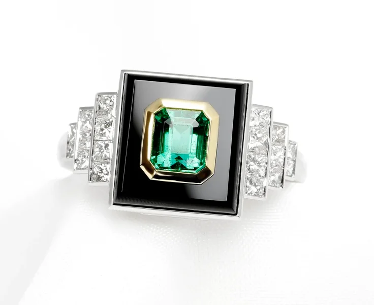 Bespoke Timothy Roe Gent’s Black Onyx, Emerald and Diamonds in Two Tone Gold and Platinum