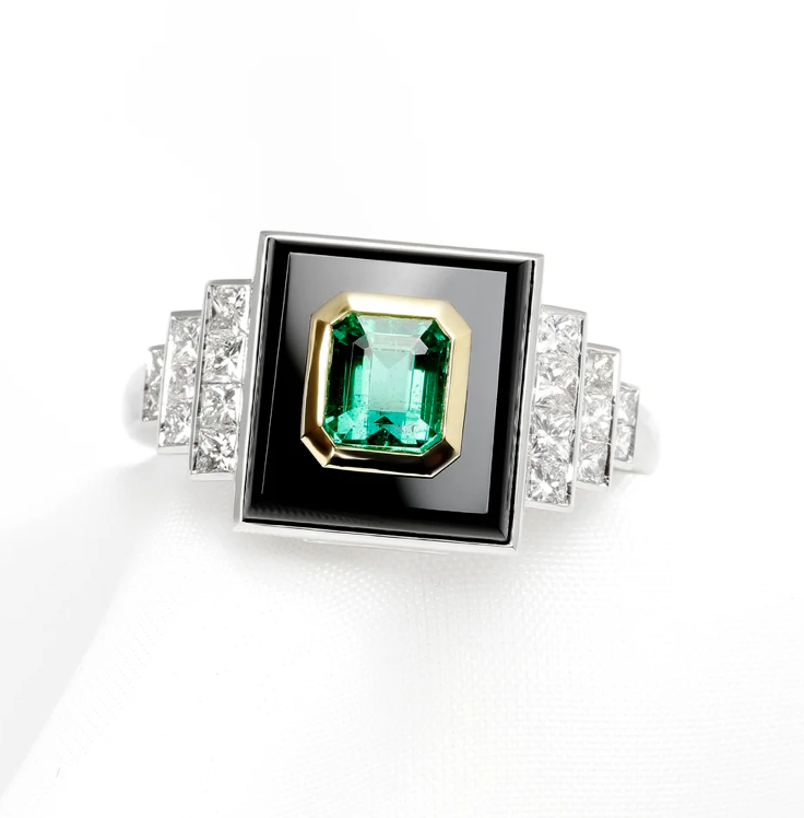 Bespoke Timothy Roe Gent’s Black Onyx, Emerald and Diamonds in Two Tone Gold and Platinum