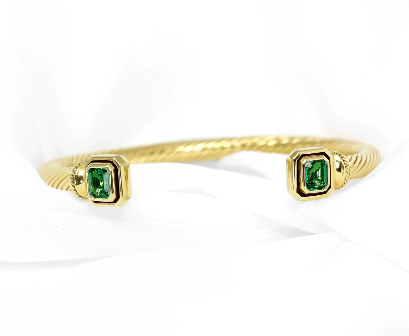 Bespoke Timothy Roe Rope Twist Bangle with Emeralds in Yellow Gold