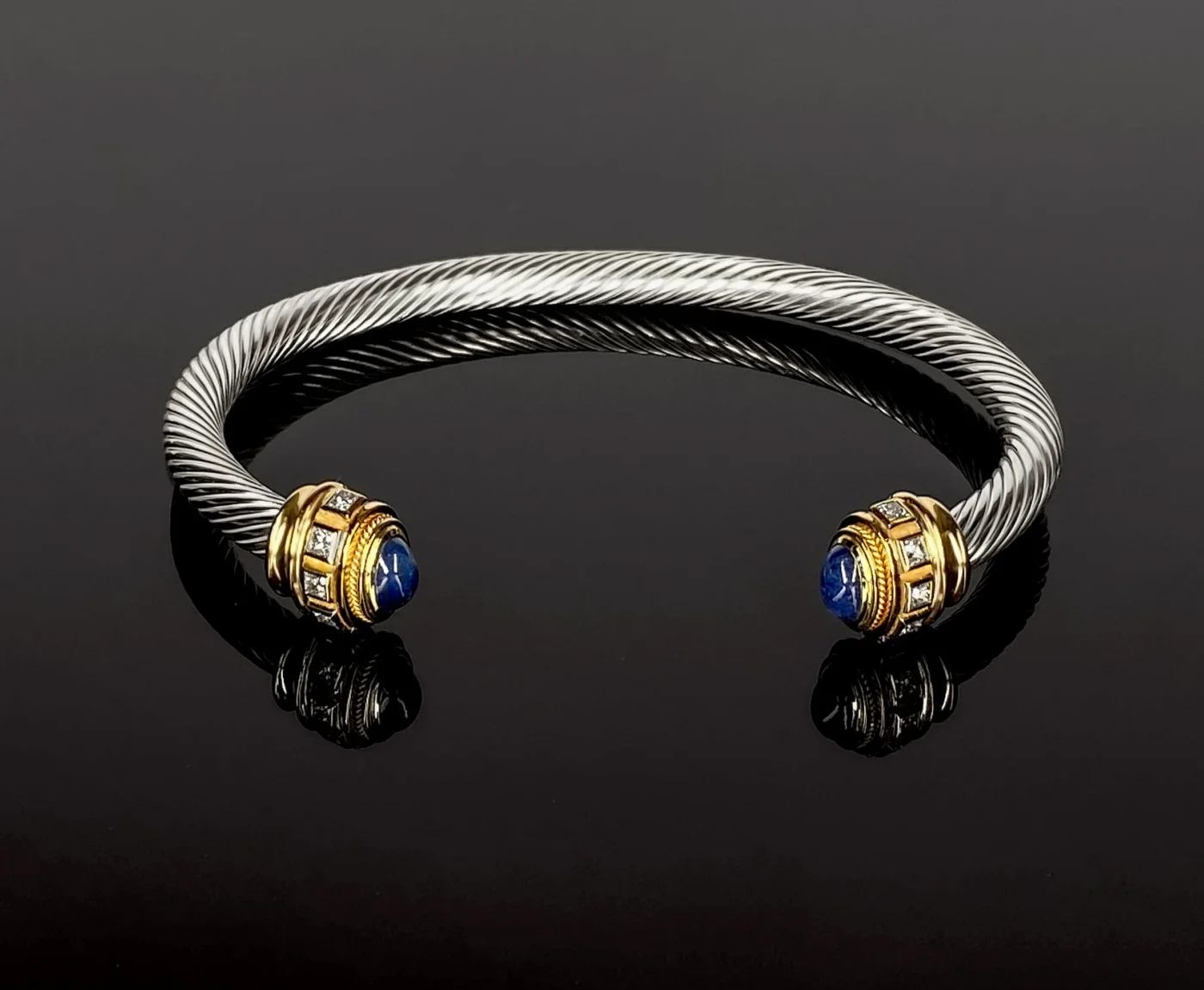 Bespoke Timothy Roe Rope Twist Bangle in 925 Silver with 9 ct Yellow Gold Ends Set with Diamonds and Blue Sapphire Cabochons