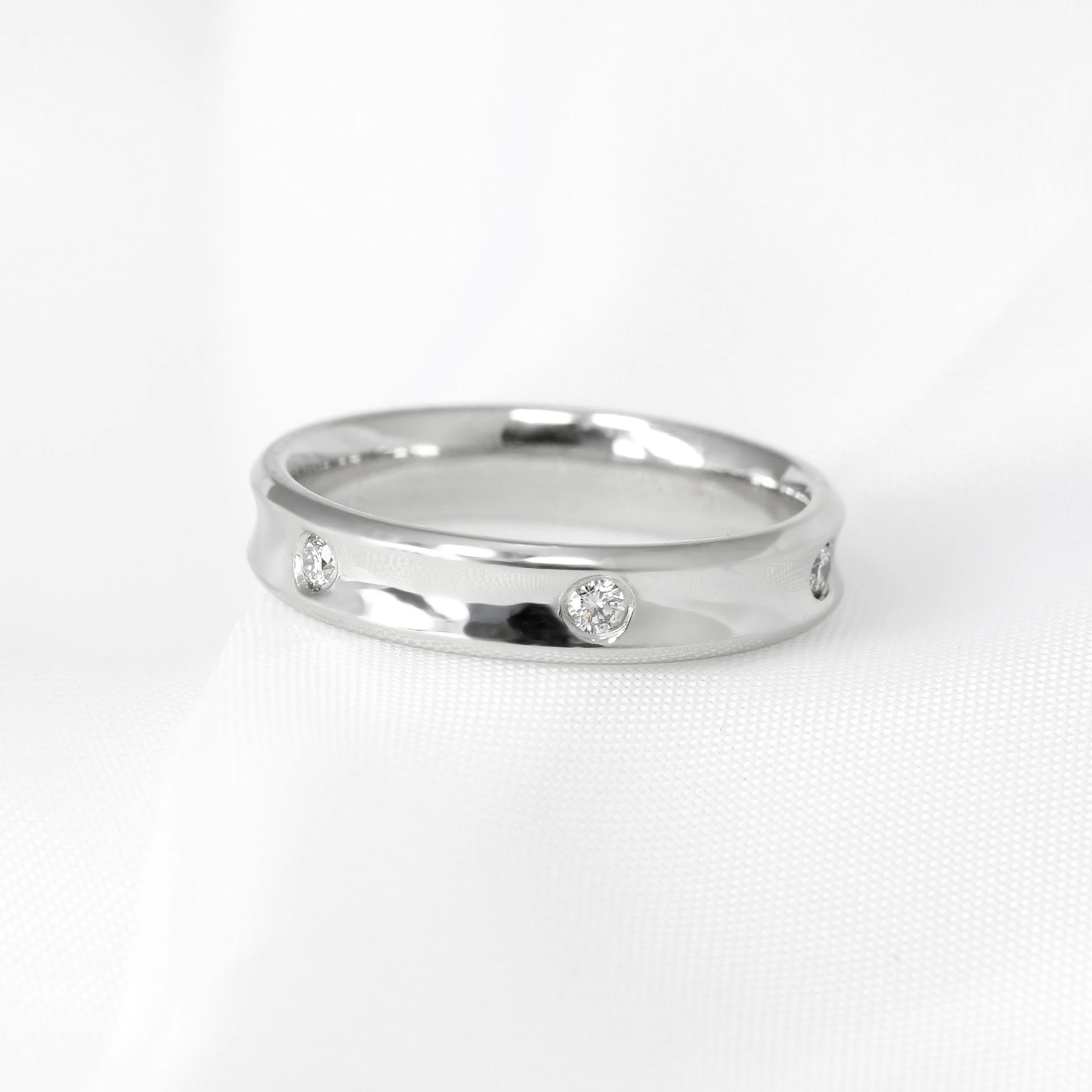 Concave Diamond Set Wedding Ring in 18k White Gold