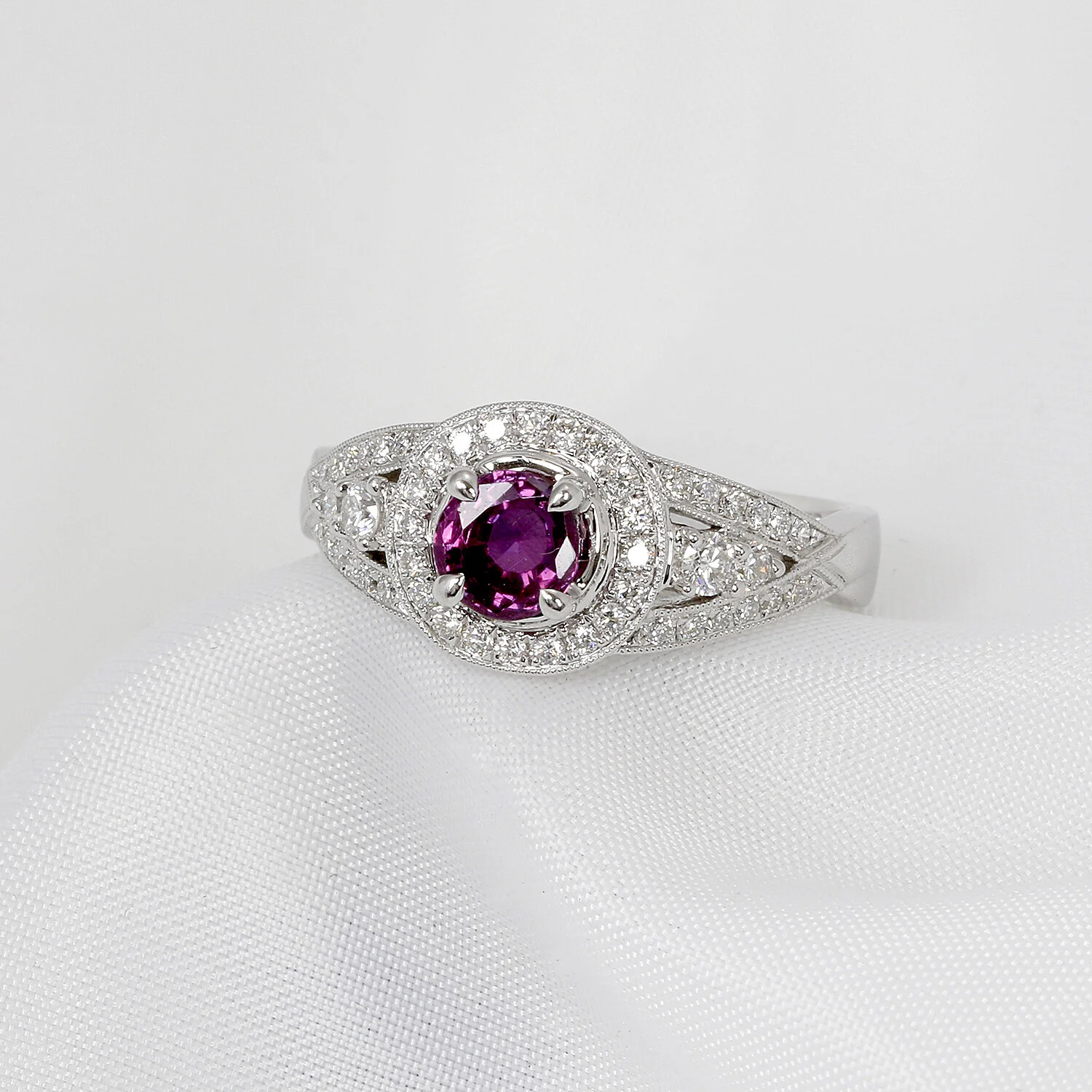 Pink Sapphire & Diamond Ring in White Gold