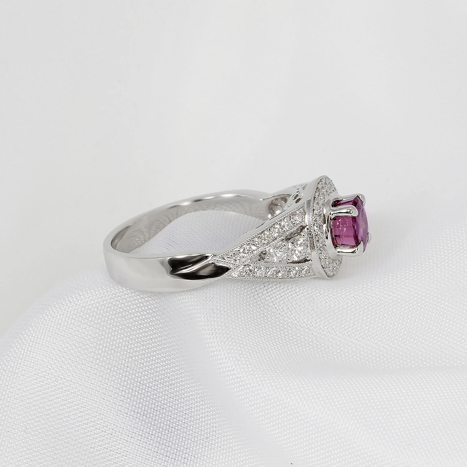 Pink Sapphire & Diamond Ring in White Gold