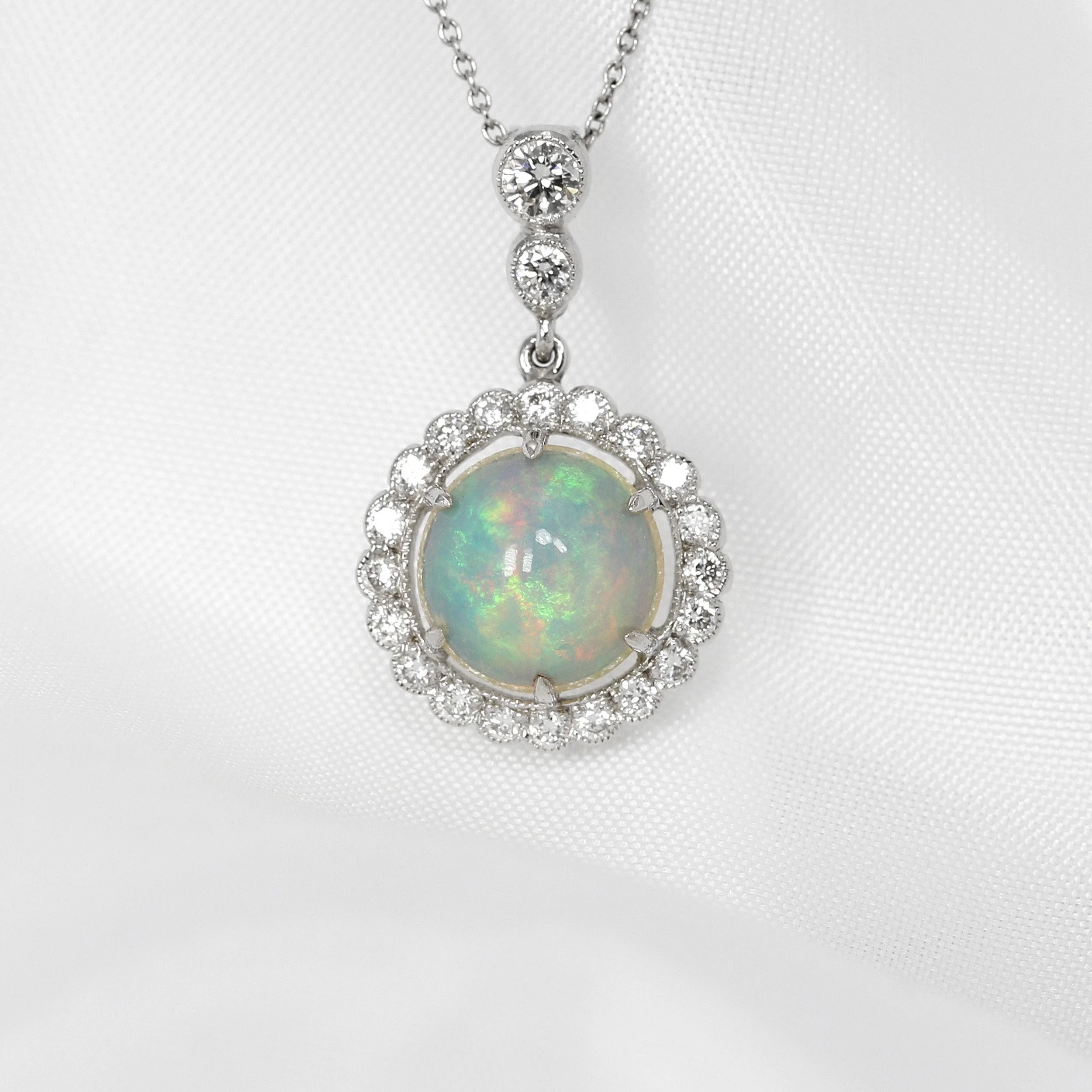 Cabochon Opal & Diamond Drop Cluster Pendant