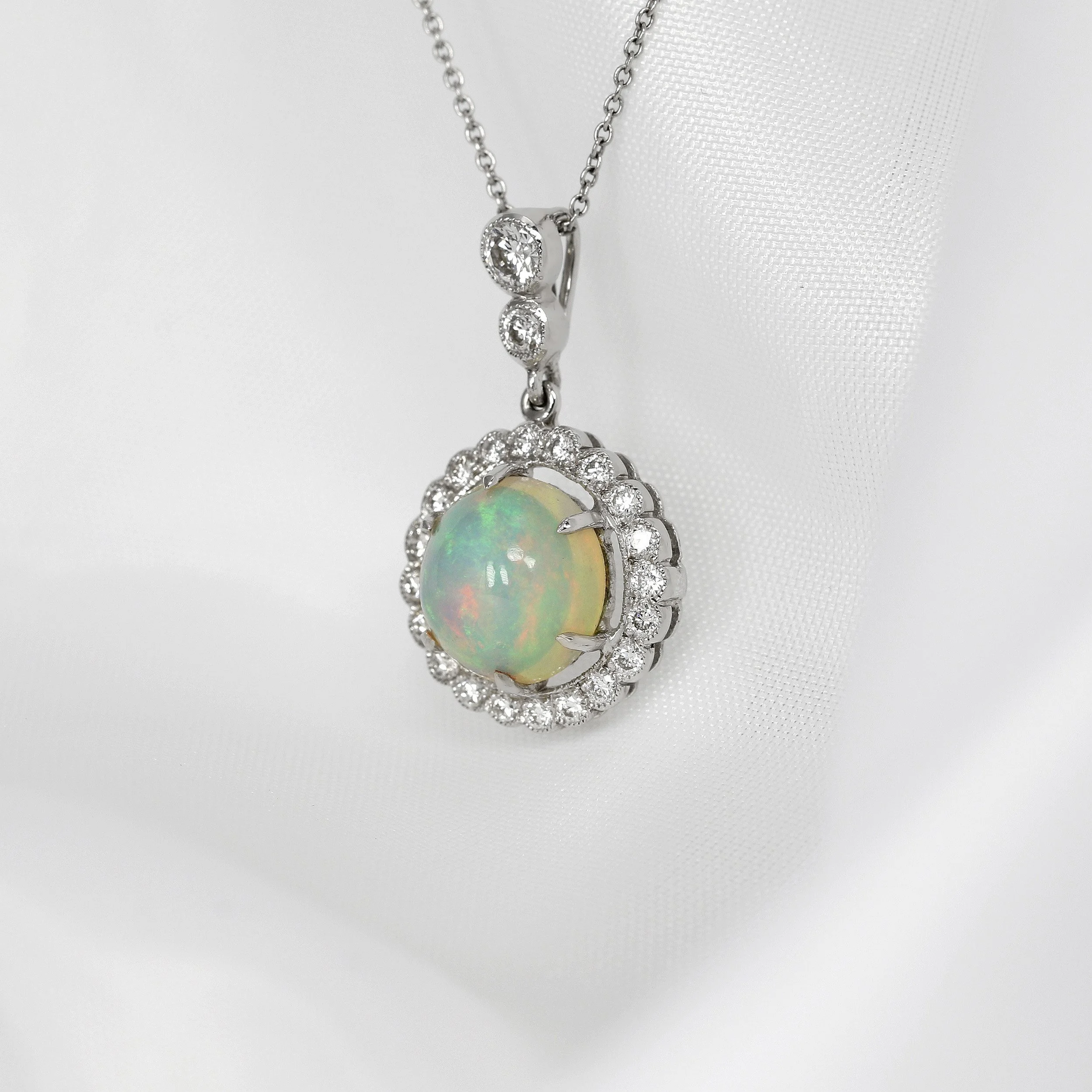 Cabochon Opal & Diamond Drop Cluster Pendant