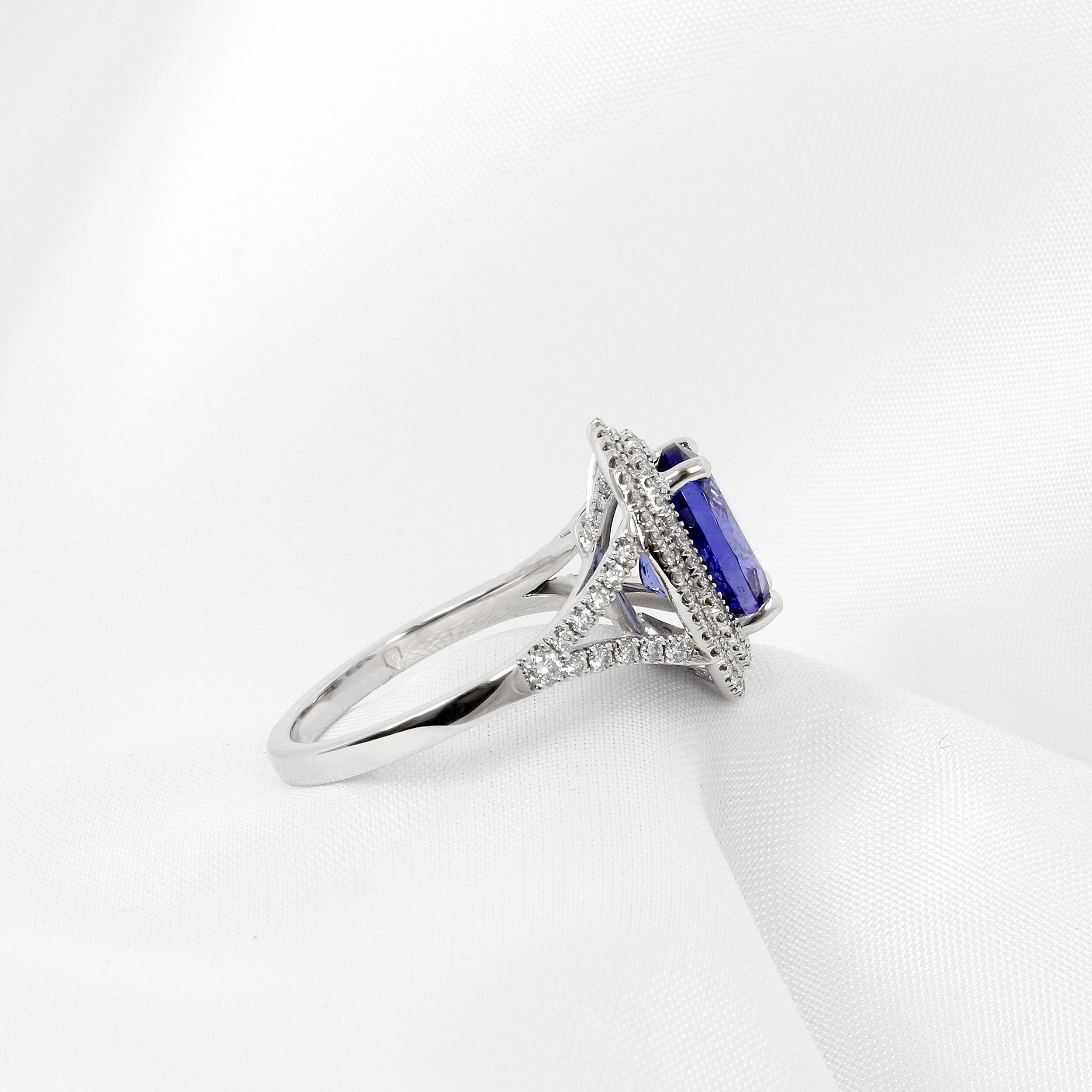 Tanzanite and Diamond Double Halo Ring in 18ct White Gold