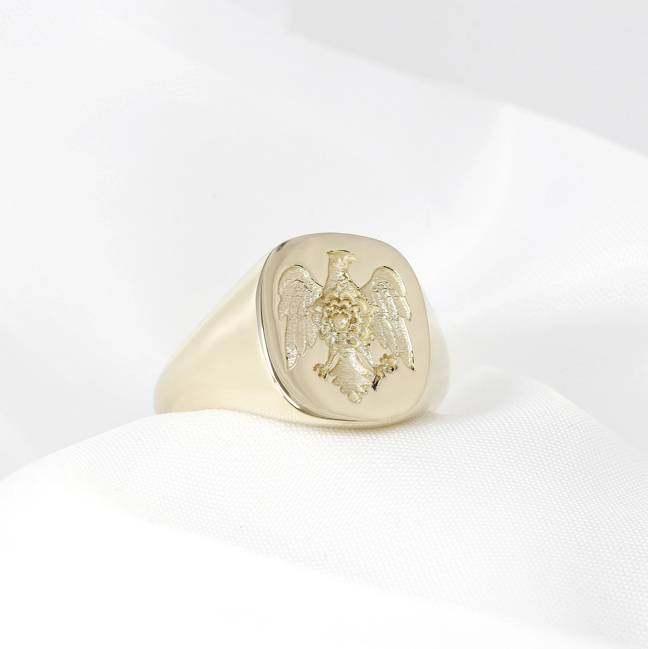 Cushion Shape Eagle & Rose Yellow Gold Signet Ring