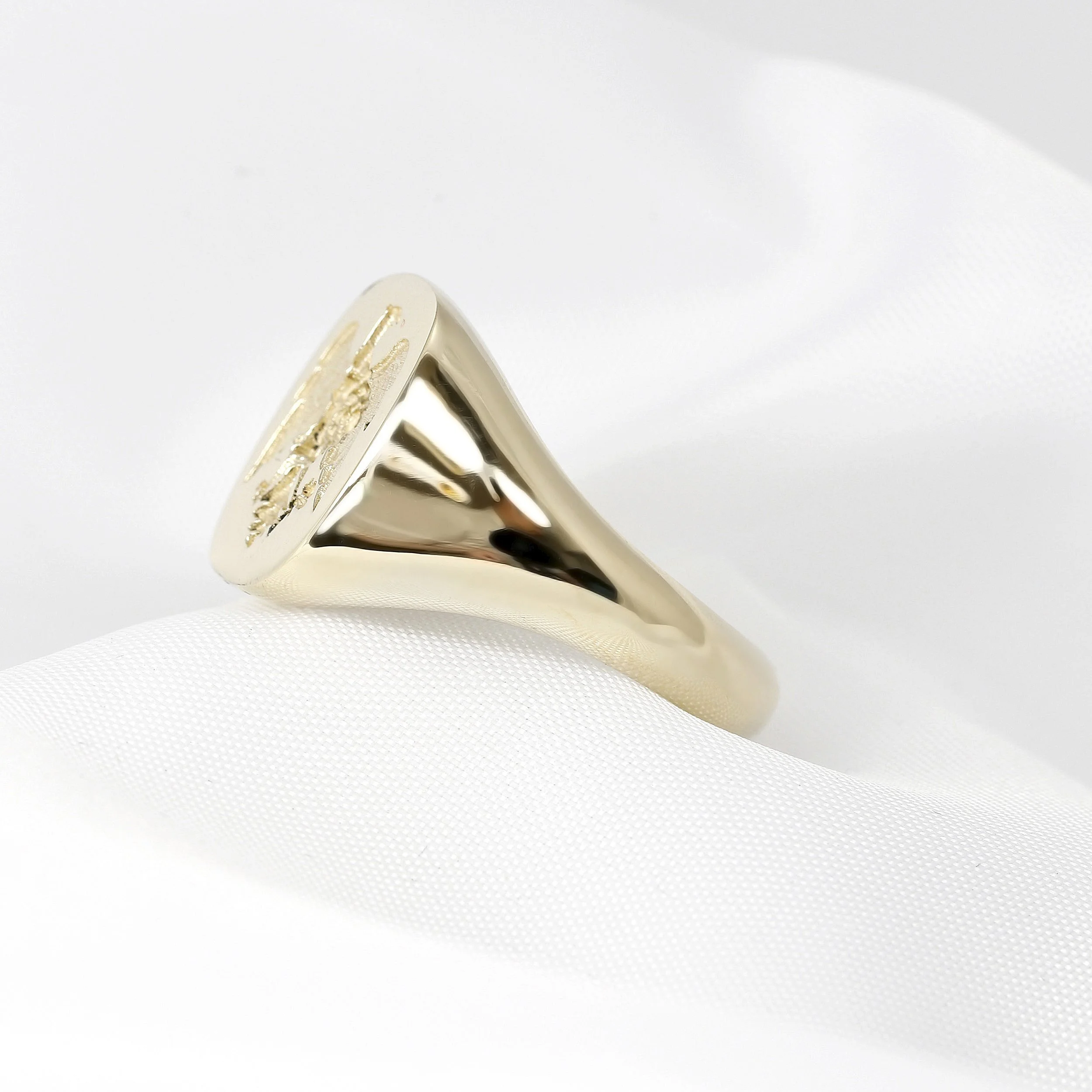 Cushion Shape Eagle & Rose Yellow Gold Signet Ring