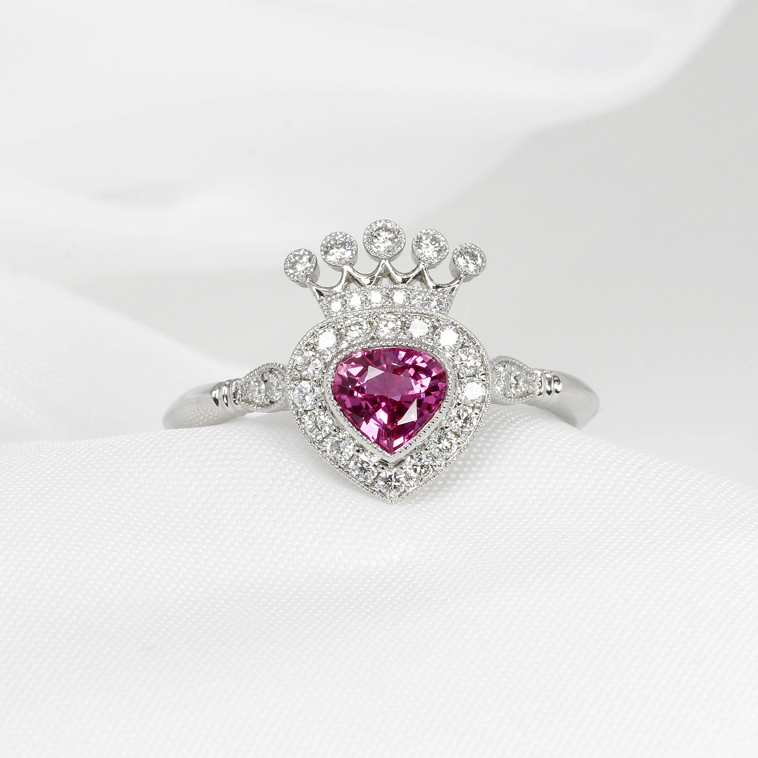 Pink Sapphire & Diamond Crown Cluster Ring
