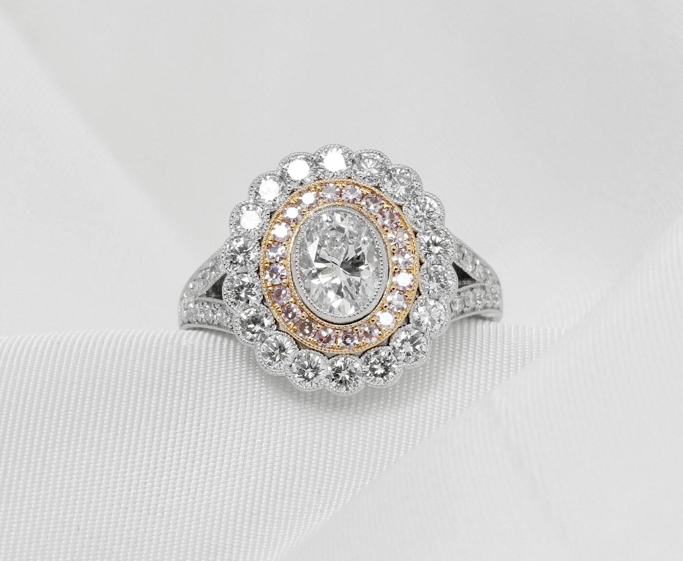 Timothy Roe Diamond Cluster Ring with Natural Pink Diamond Halo in Platinum and Rose Gold 