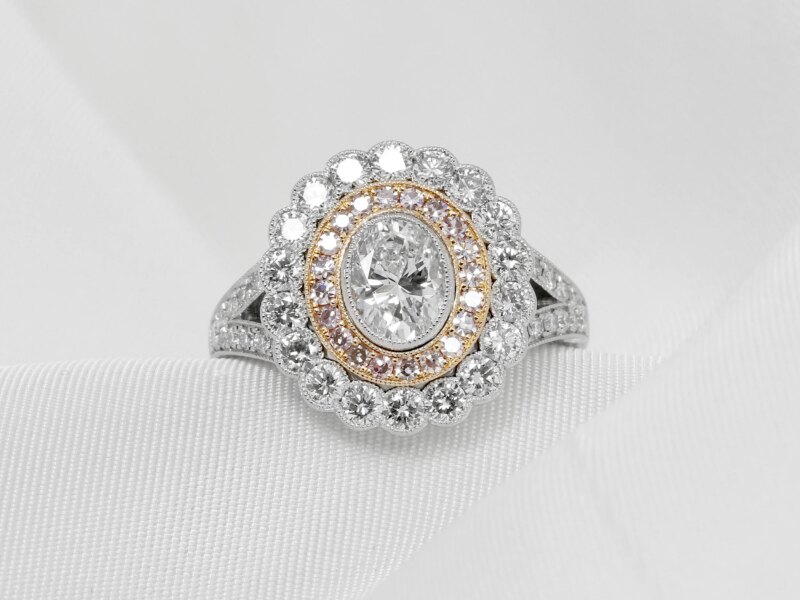 Timothy Roe Diamond Cluster Ring with Natural Pink Diamond Halo in Platinum and Rose Gold