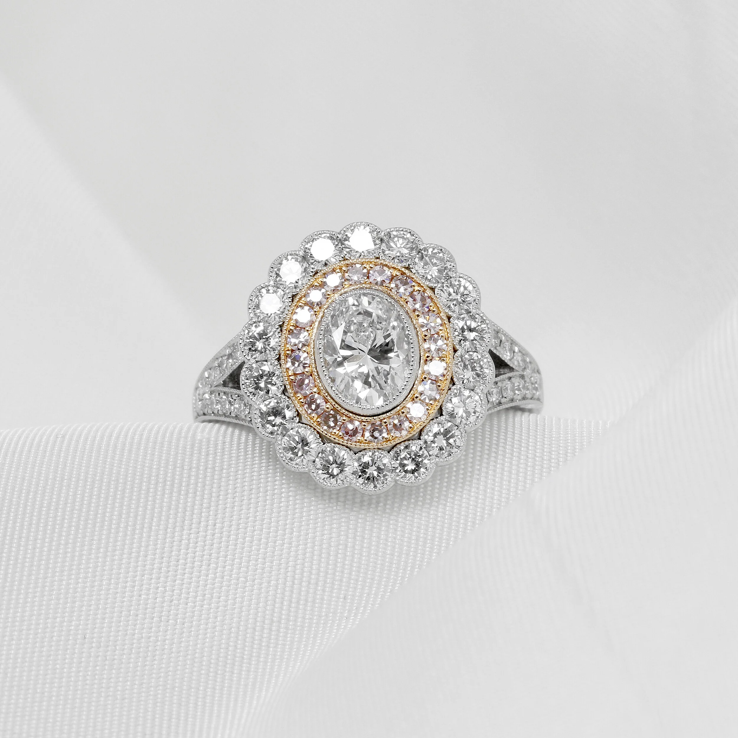 Diamond Cluster Ring with Pink Diamond Halo in Platinum