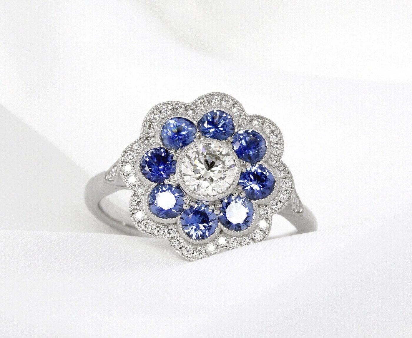 Sapphire & Diamond Daisy Cluster Ring 