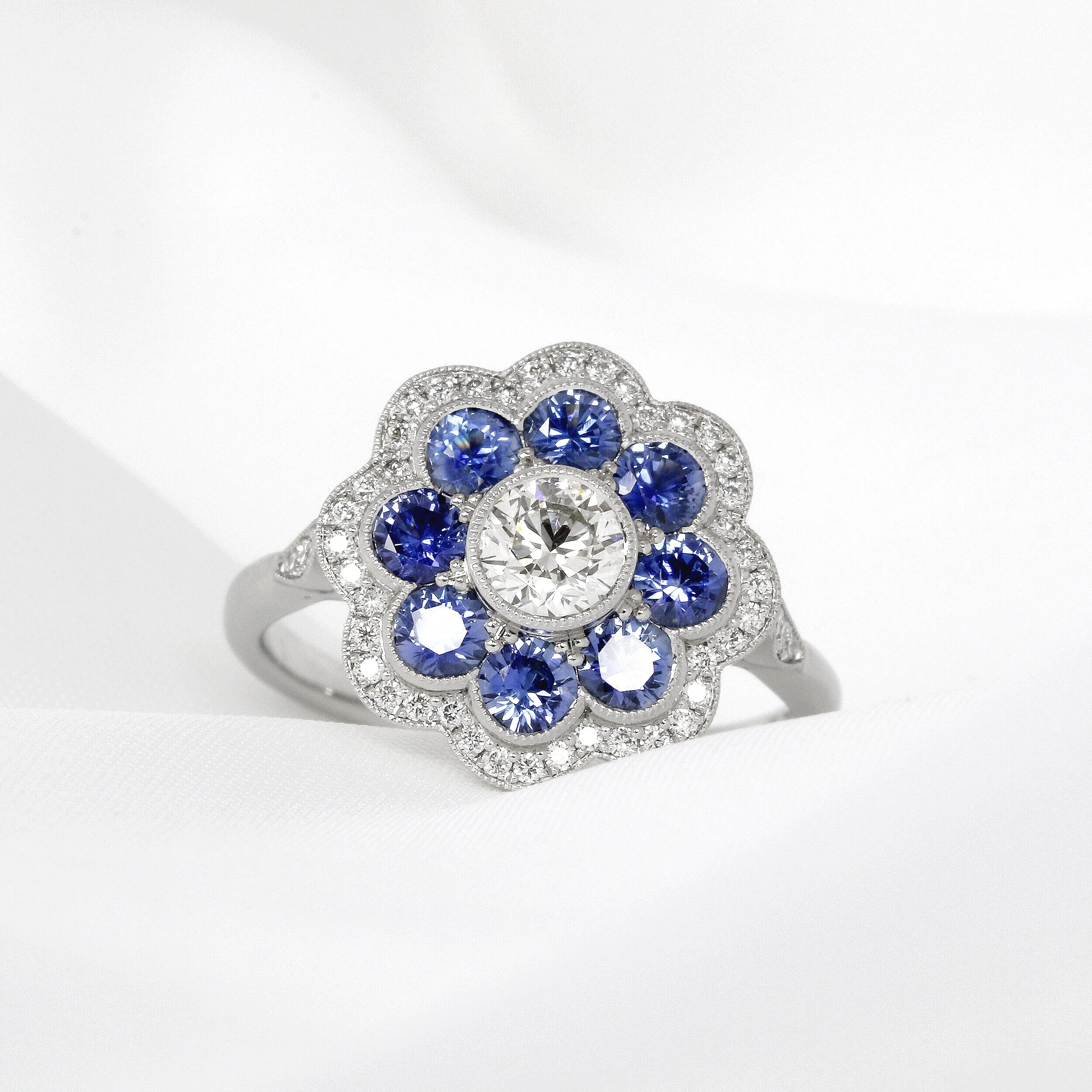 Sapphire & Diamond Daisy Cluster Ring