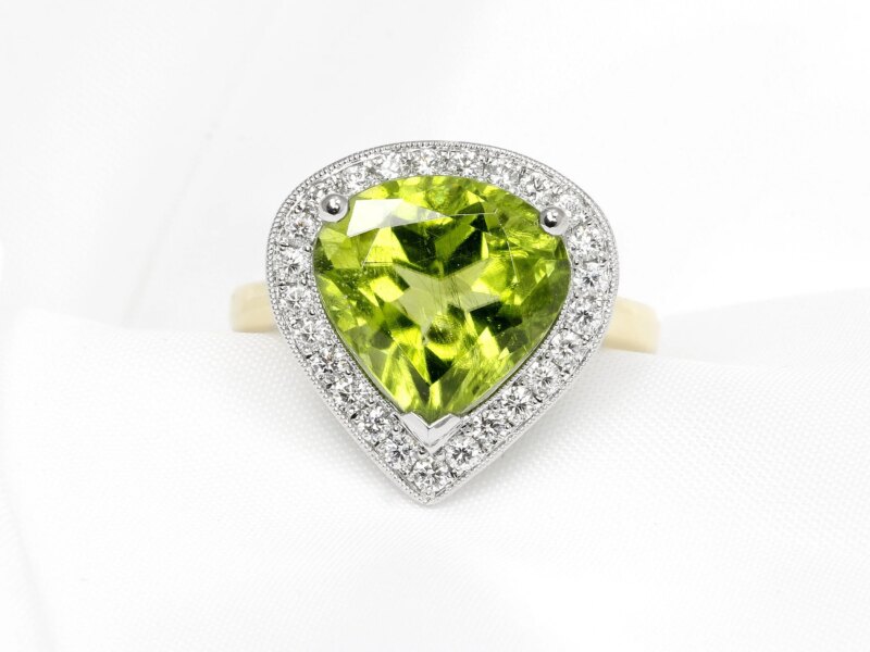 Peridot & Diamond Halo Ring in Platinum & Yellow Gold