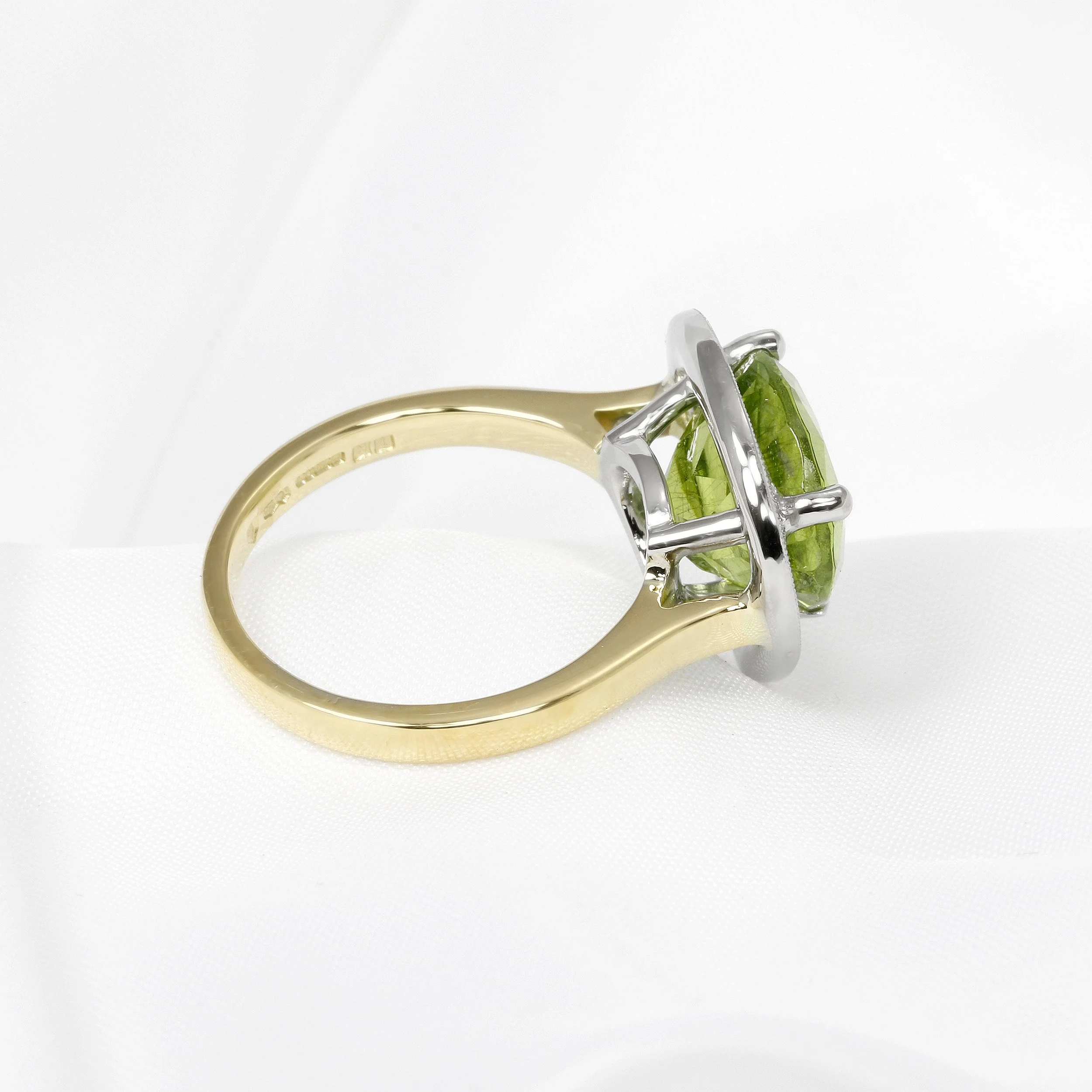 Peridot & Diamond Halo Ring in Platinum & Yellow Gold