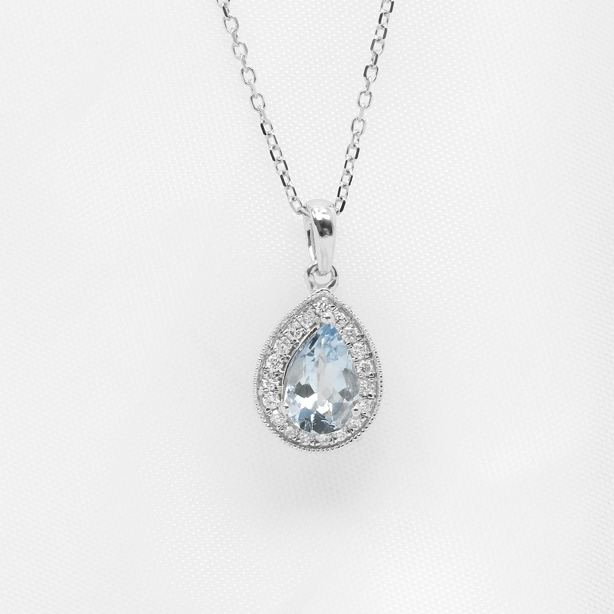 Aquamarine and Diamond Pear Shaped Halo Pendant