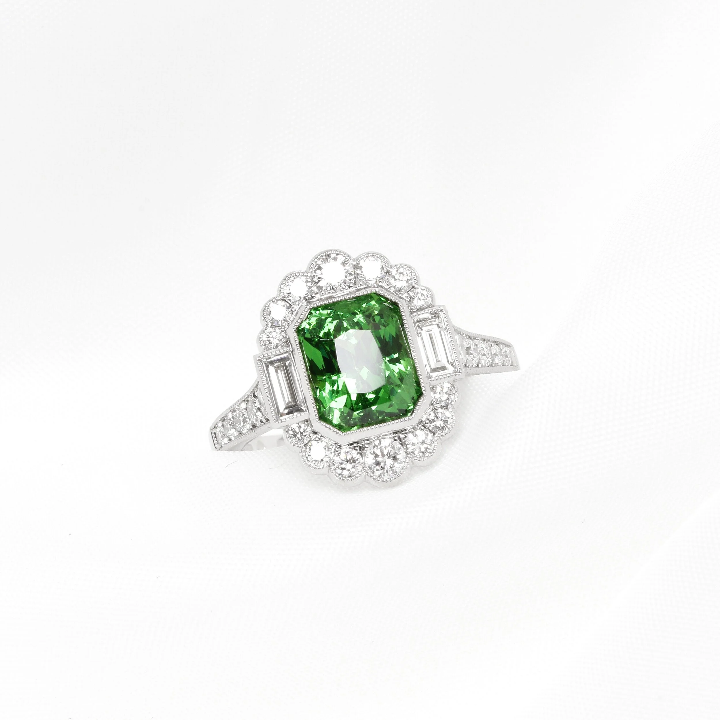 Tsavorite Garnet and Diamond Cluster Ring in Platinum