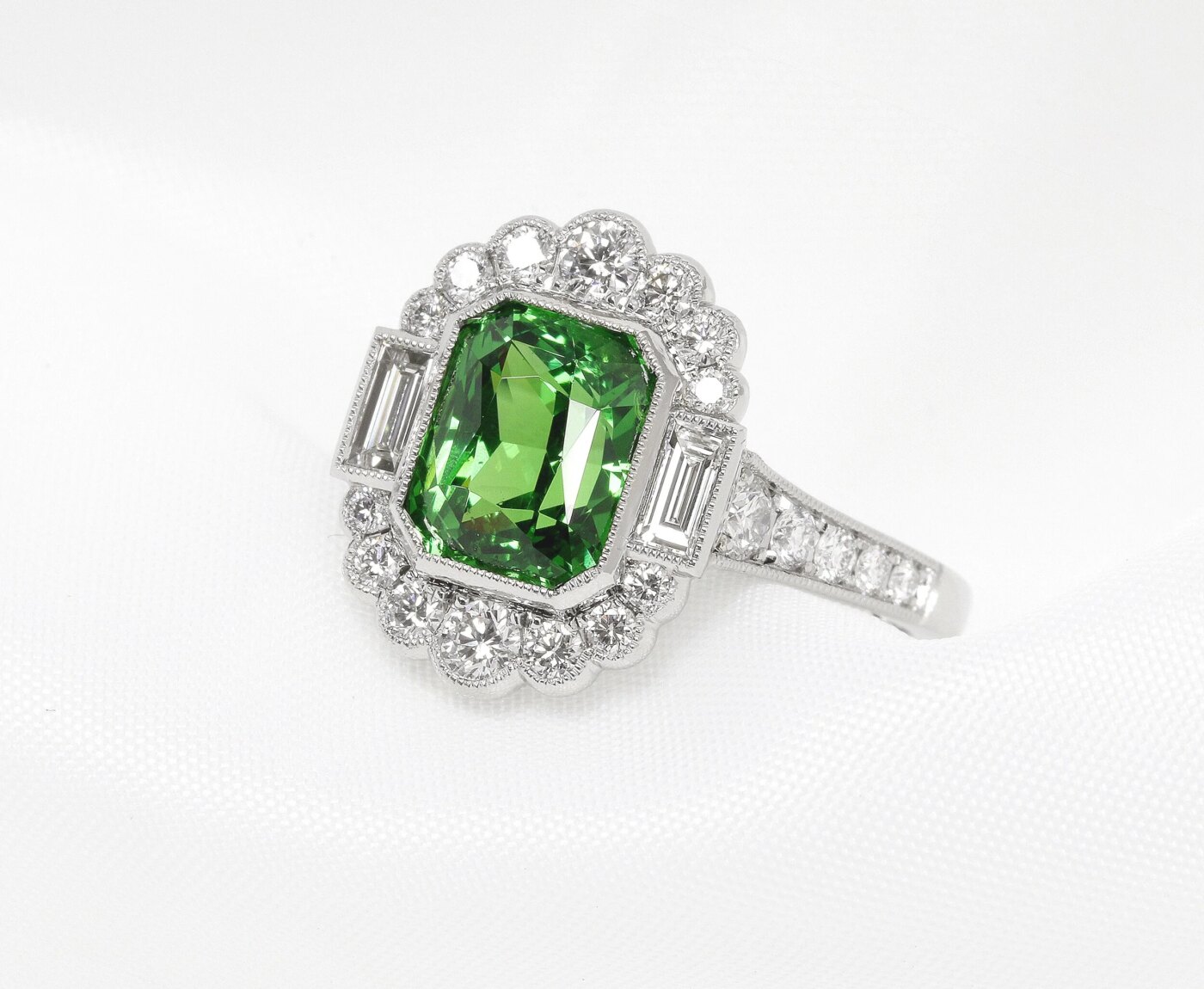 Grossular Garnet: Timothy Roe Tsavorite Garnet and Diamond Cluster Ring in Platinum 