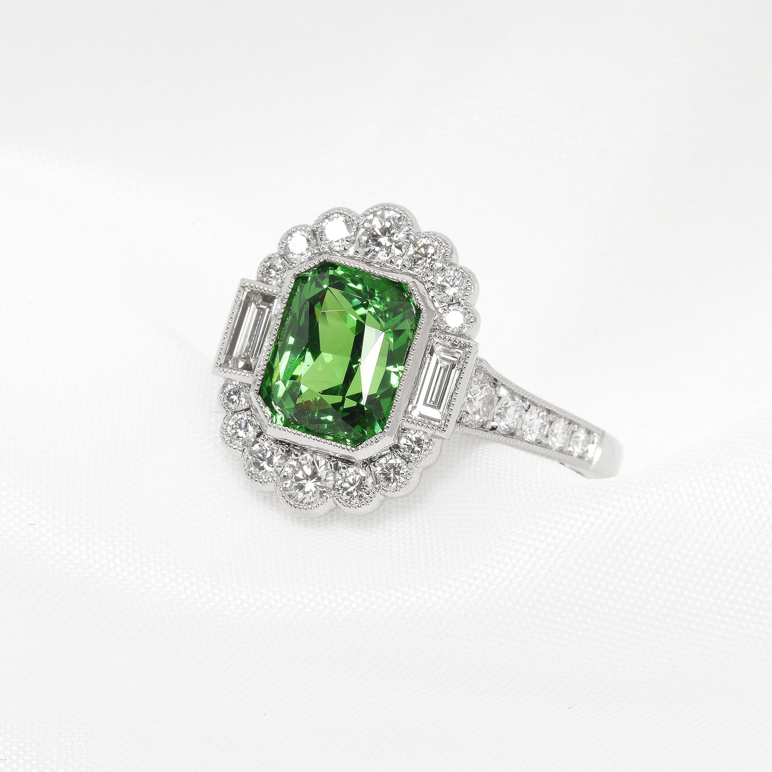 Tsavorite Garnet and Diamond Cluster Ring in Platinum