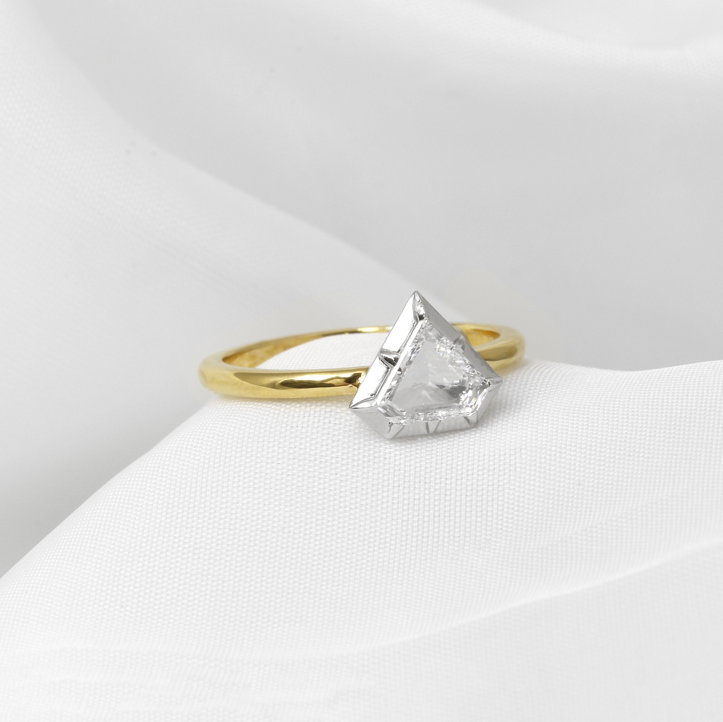 Rose Cut Shield Shape Diamond Ring In Platinum & 18ct Yellow Gold