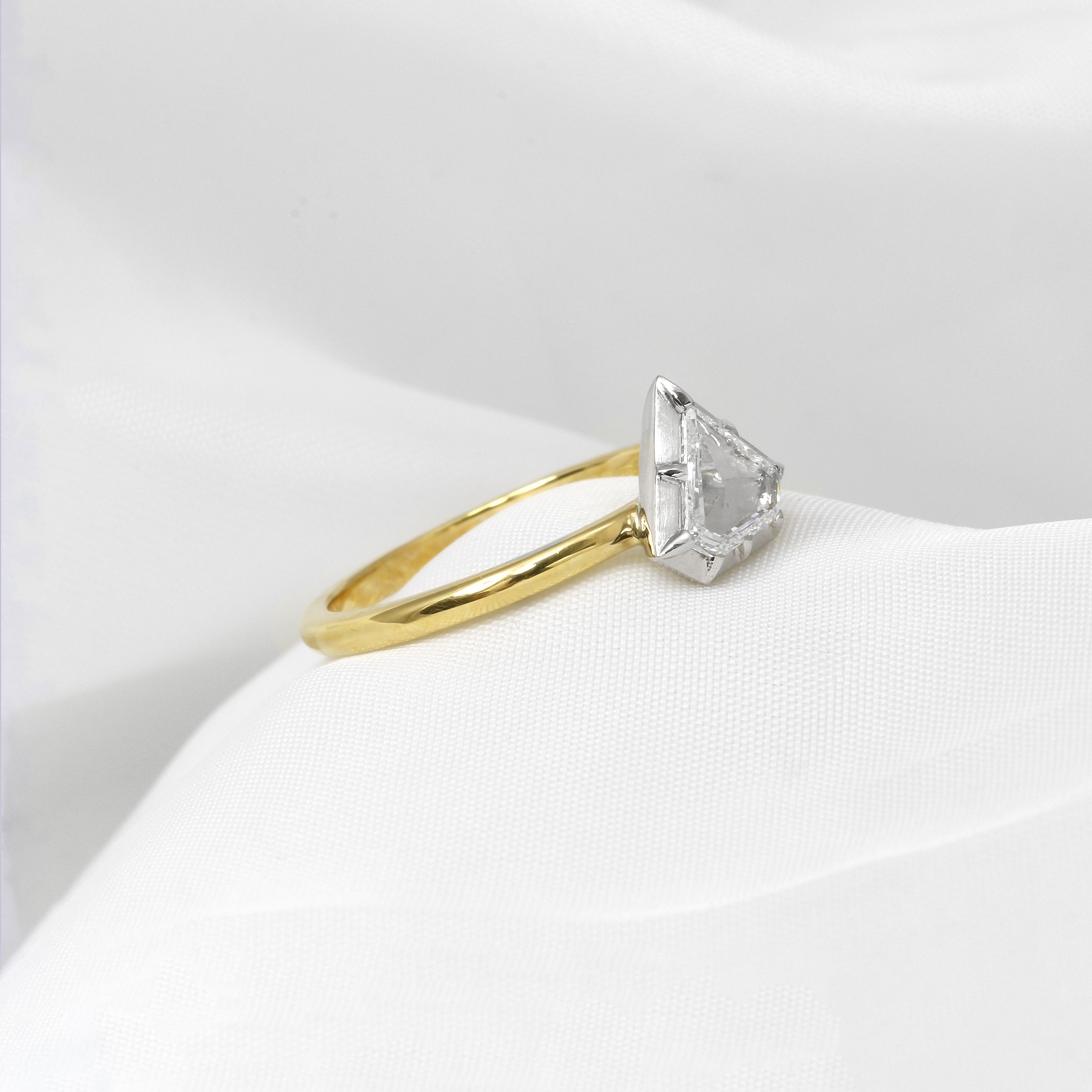 Rose Cut Shield Shape Diamond Ring In Platinum & 18ct Yellow Gold