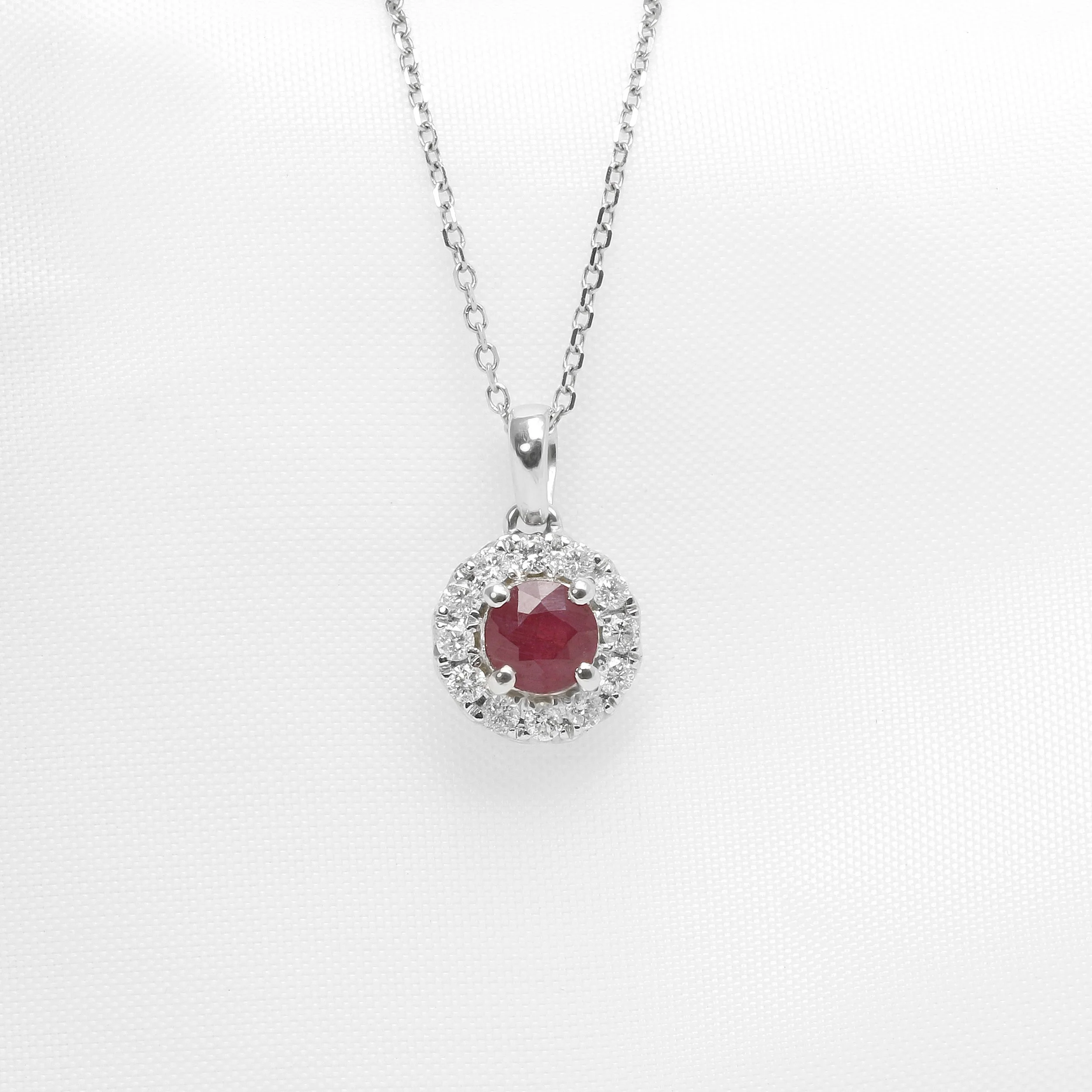 Ruby and Diamond Halo Pendant in 18ct White Gold