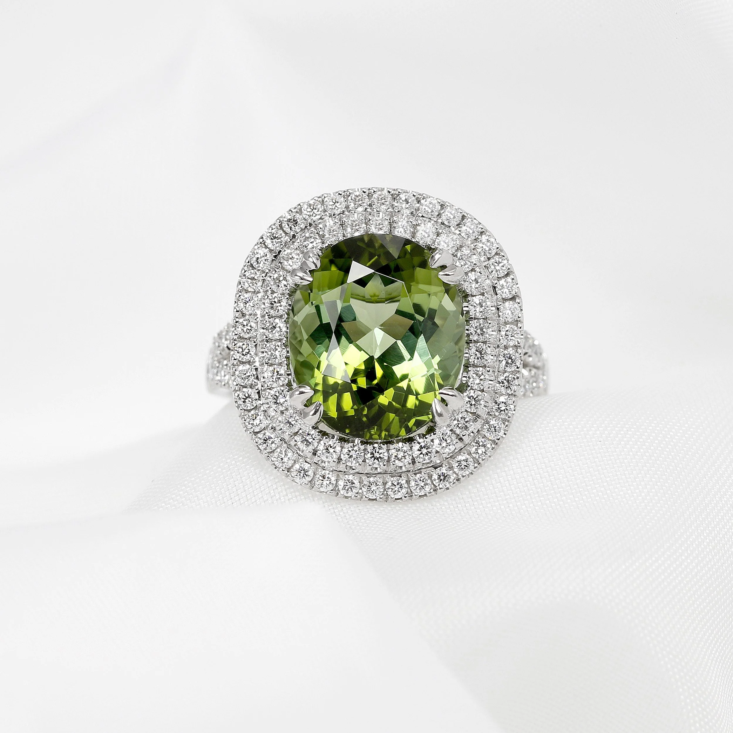 Green Tourmaline & Diamond Double Halo Cluster Ring