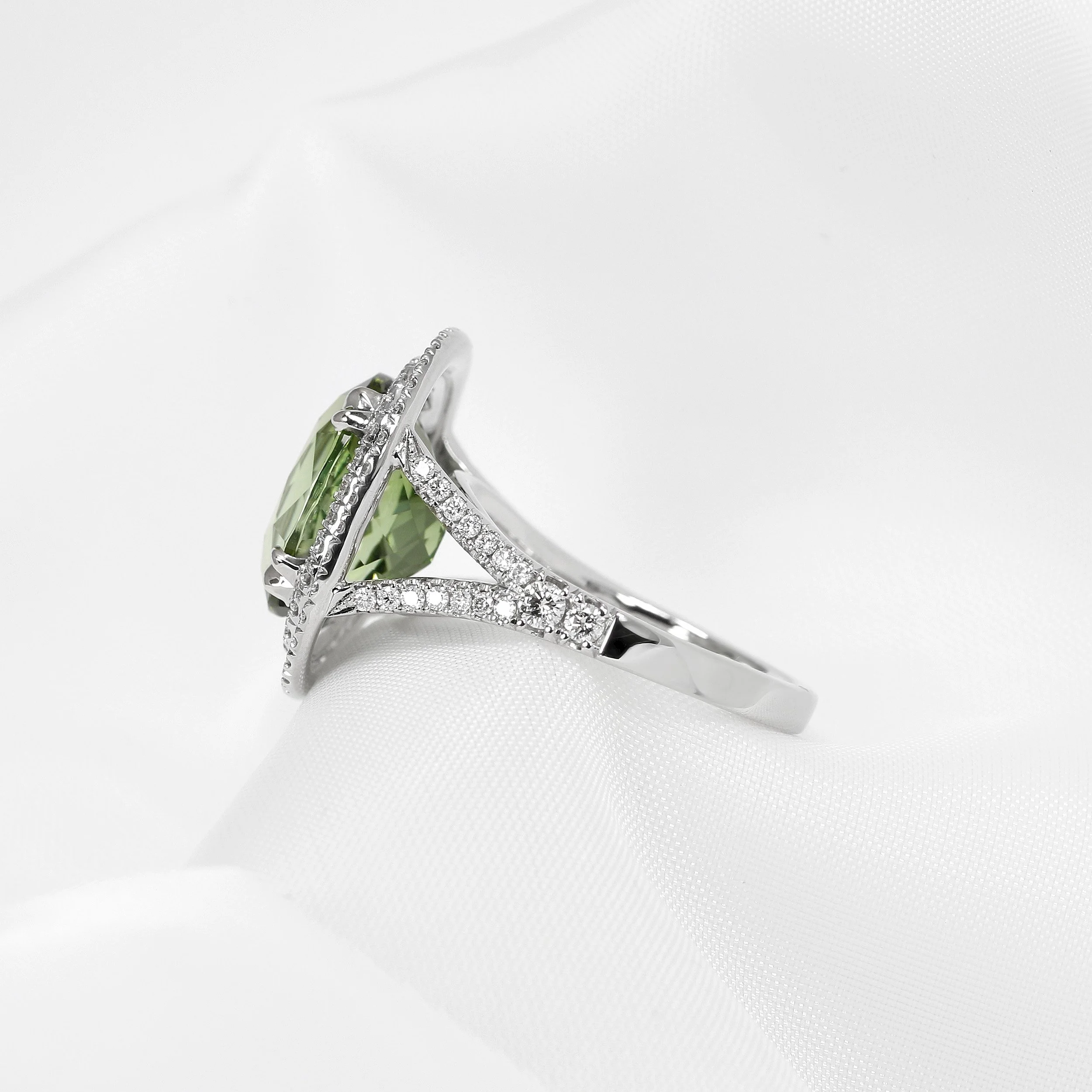 Green Tourmaline & Diamond Double Halo Cluster Ring