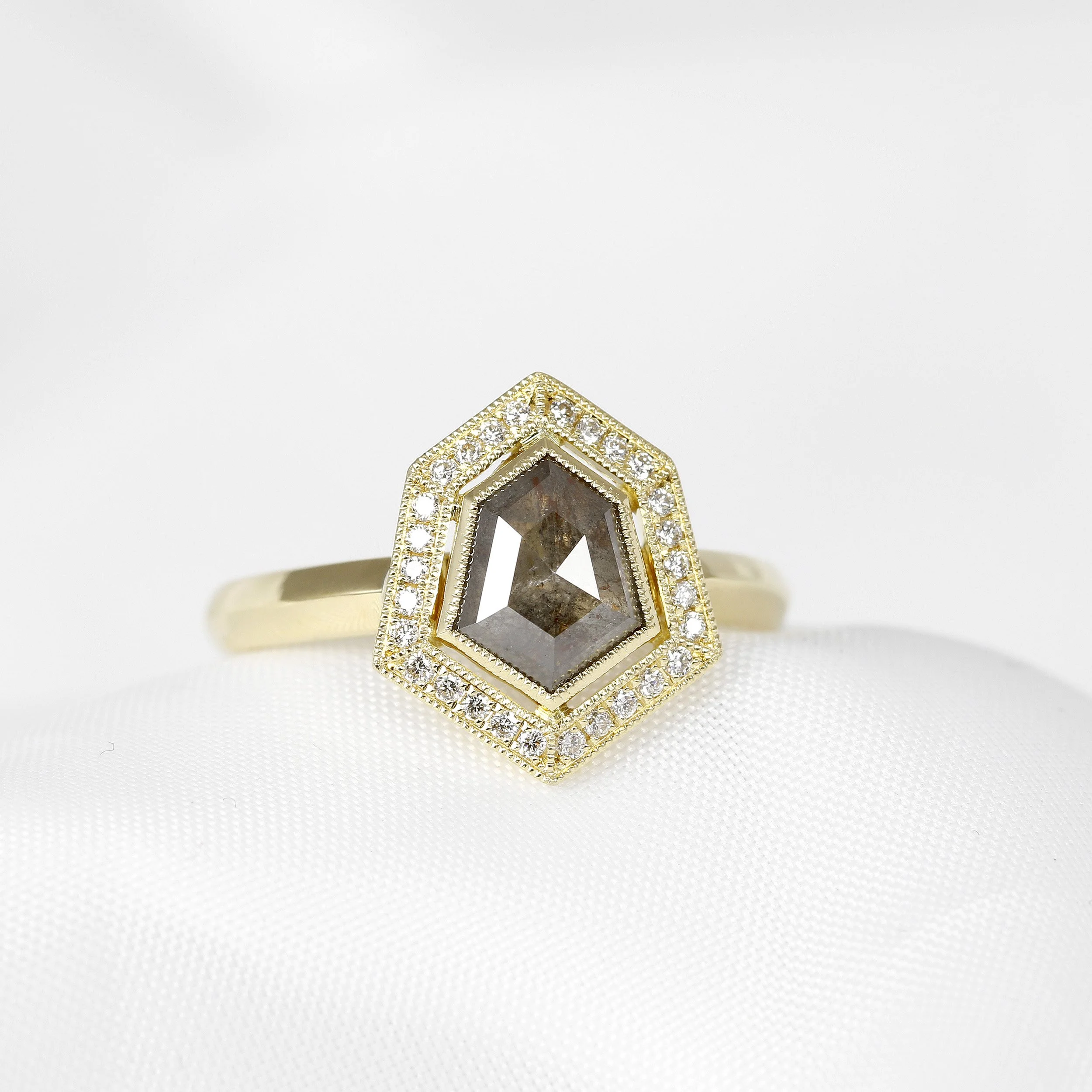 Salt & Pepper Hexagonal Diamond Cluster Ring in Gold