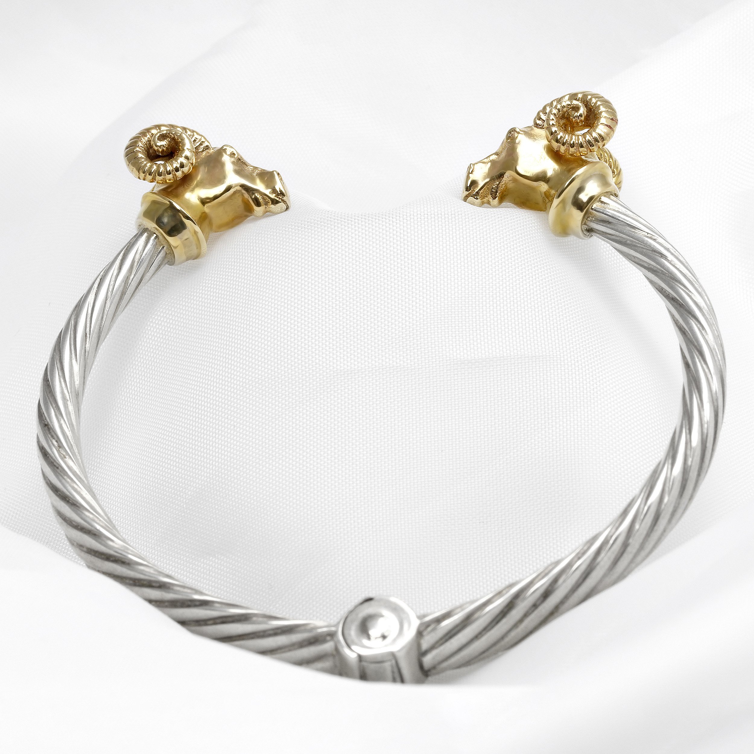 Ram’s Head Bangle in Sterling Silver & Yellow Gold