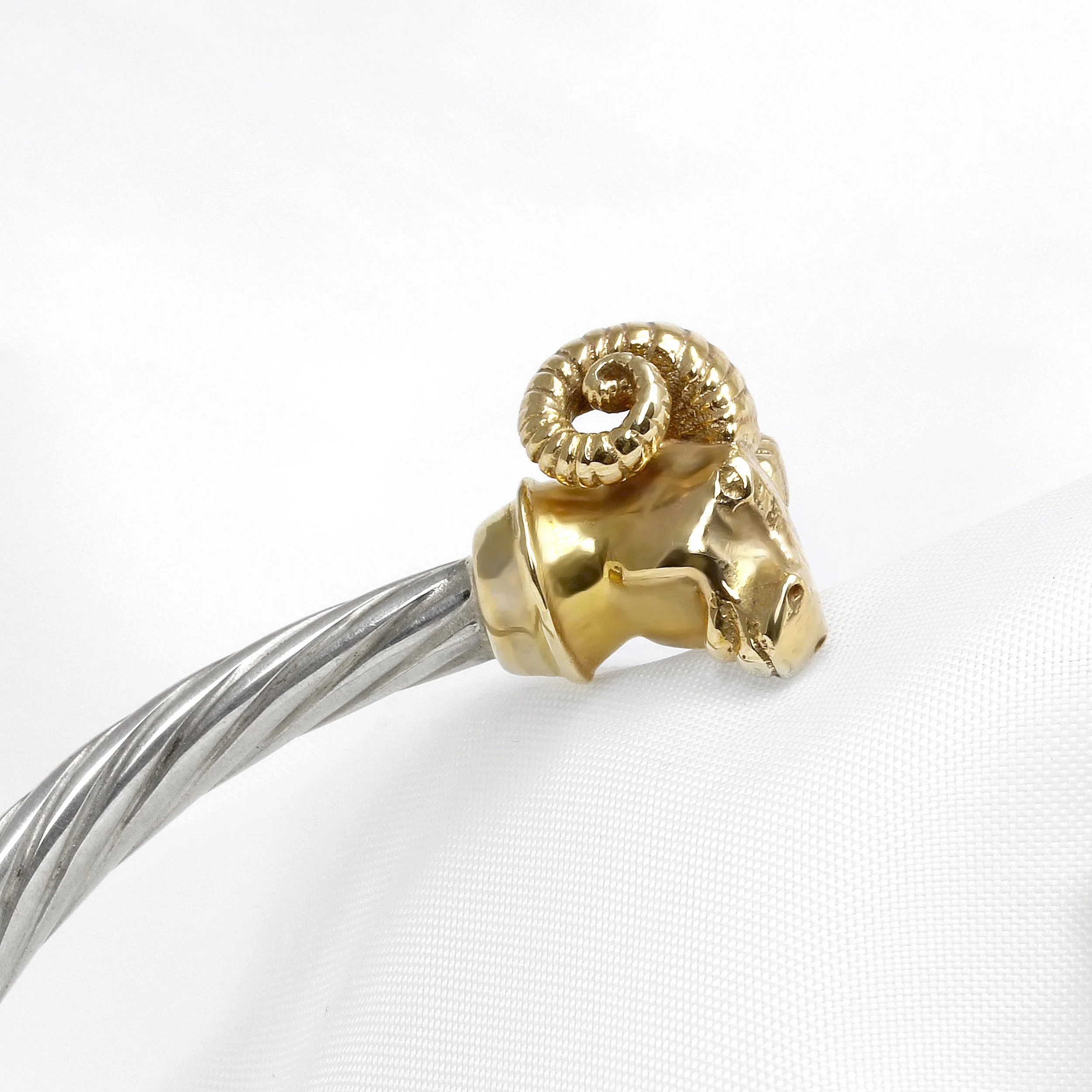 Ram’s Head Bangle in Sterling Silver & Yellow Gold