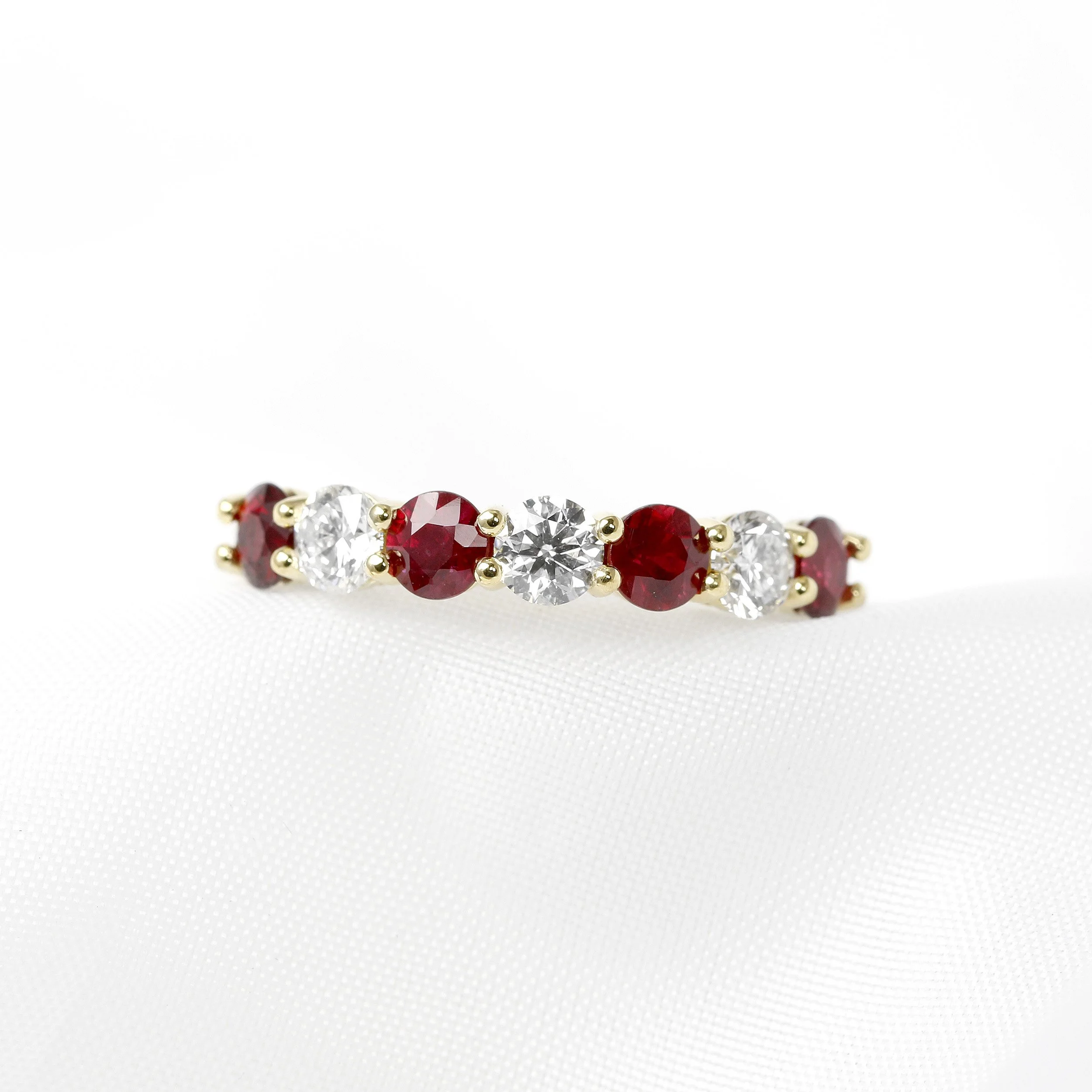 Shared Claw Ruby & Diamond Ring in Yellow Gold