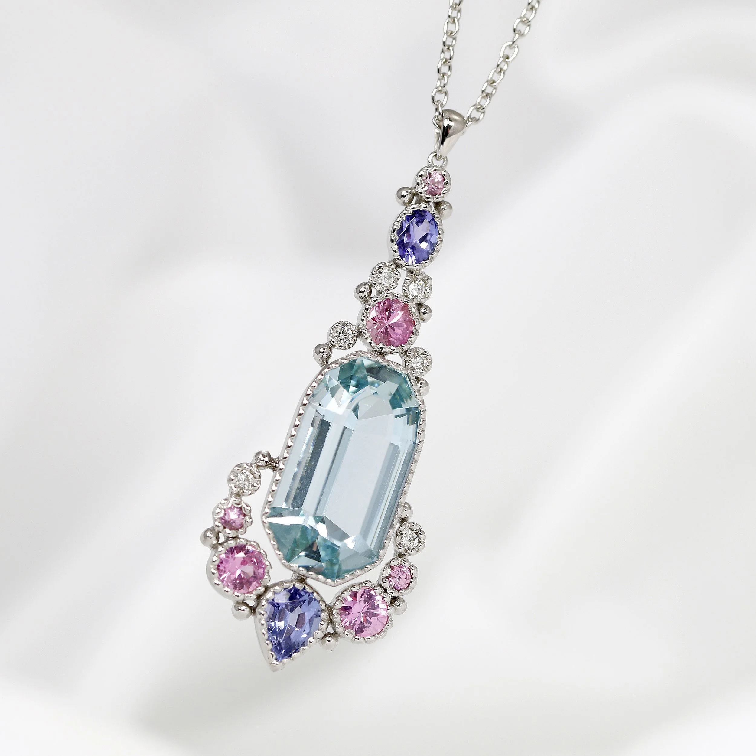 Aquamarine, Pink Sapphire, Tanzanite & Diamond Jardin Des Délices Pendant
