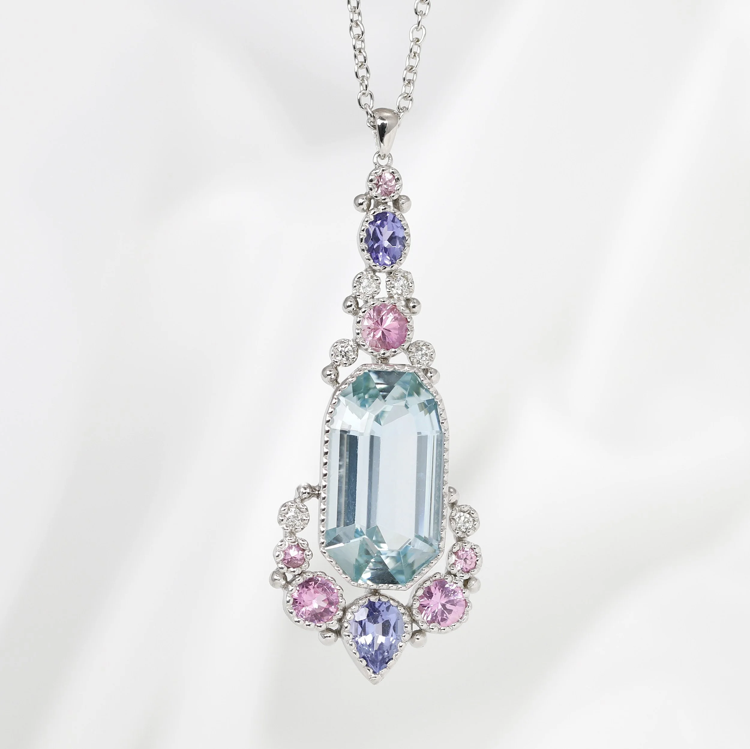 Aquamarine, Pink Sapphire, Tanzanite & Diamond Jardin Des Délices Pendant