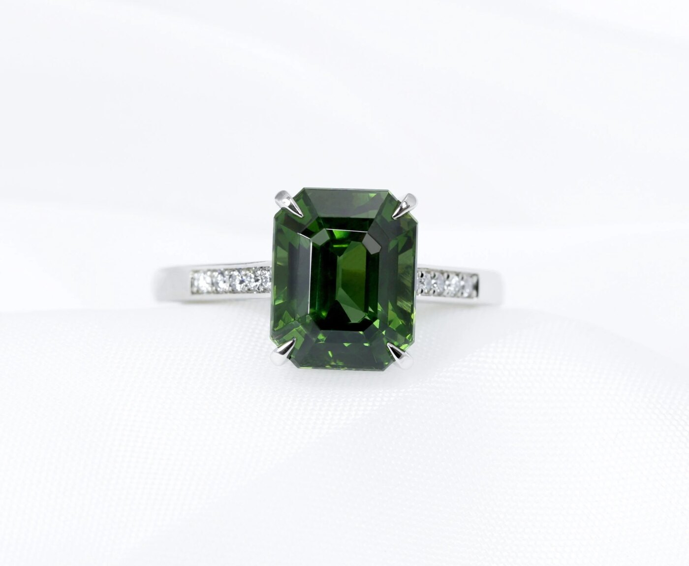 Green Zircon & Diamond Ring in Platinum