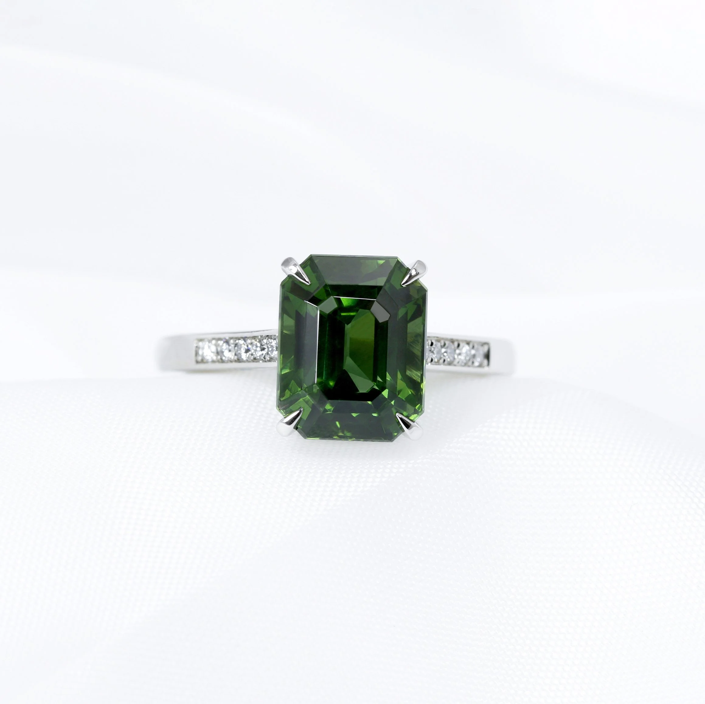 Green Zircon & Diamond Ring in Platinum