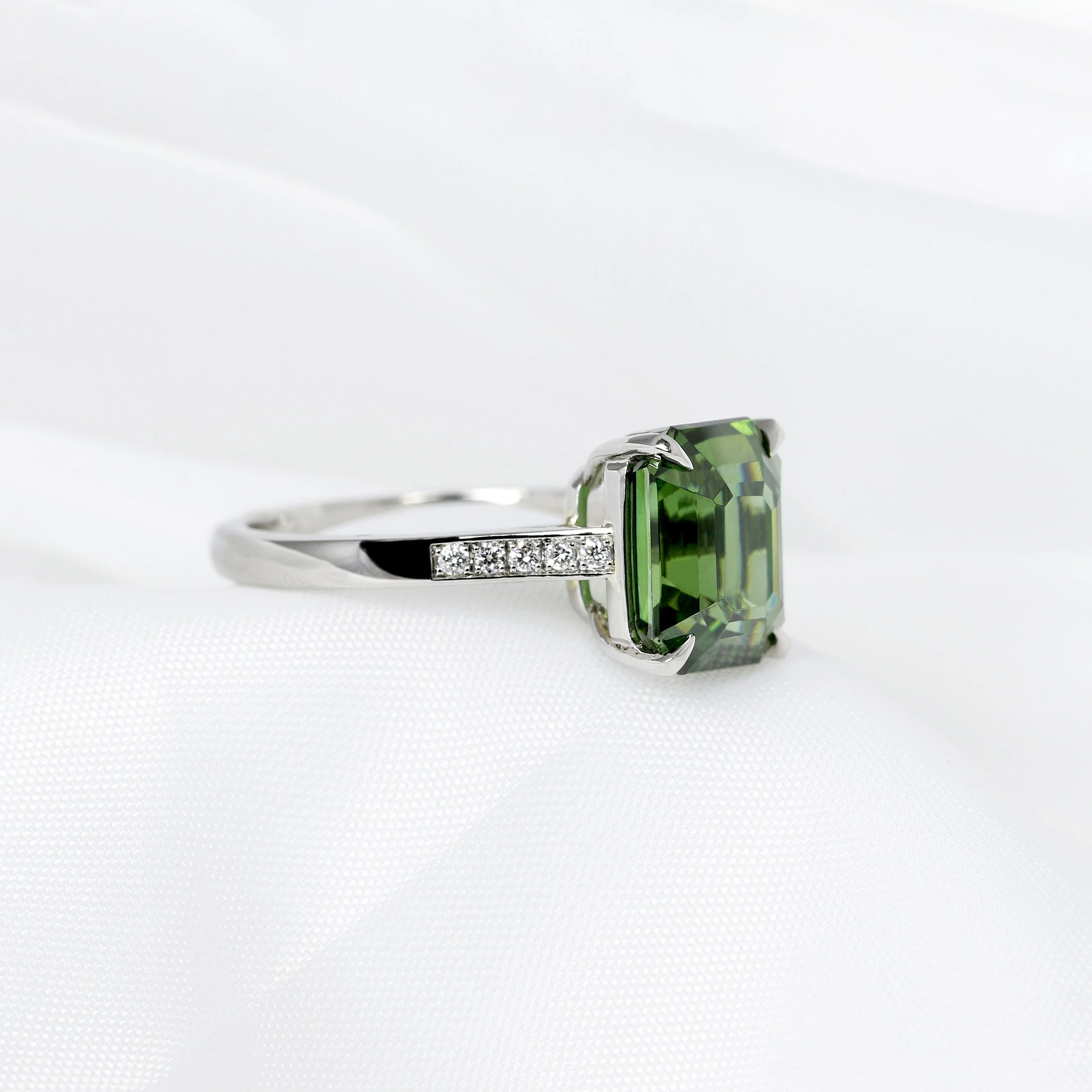 Green Zircon & Diamond Ring in Platinum