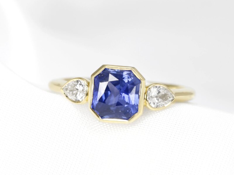 Octagonal Blue Sapphire & Pear Shape Diamond Ring in Yellow Gold
