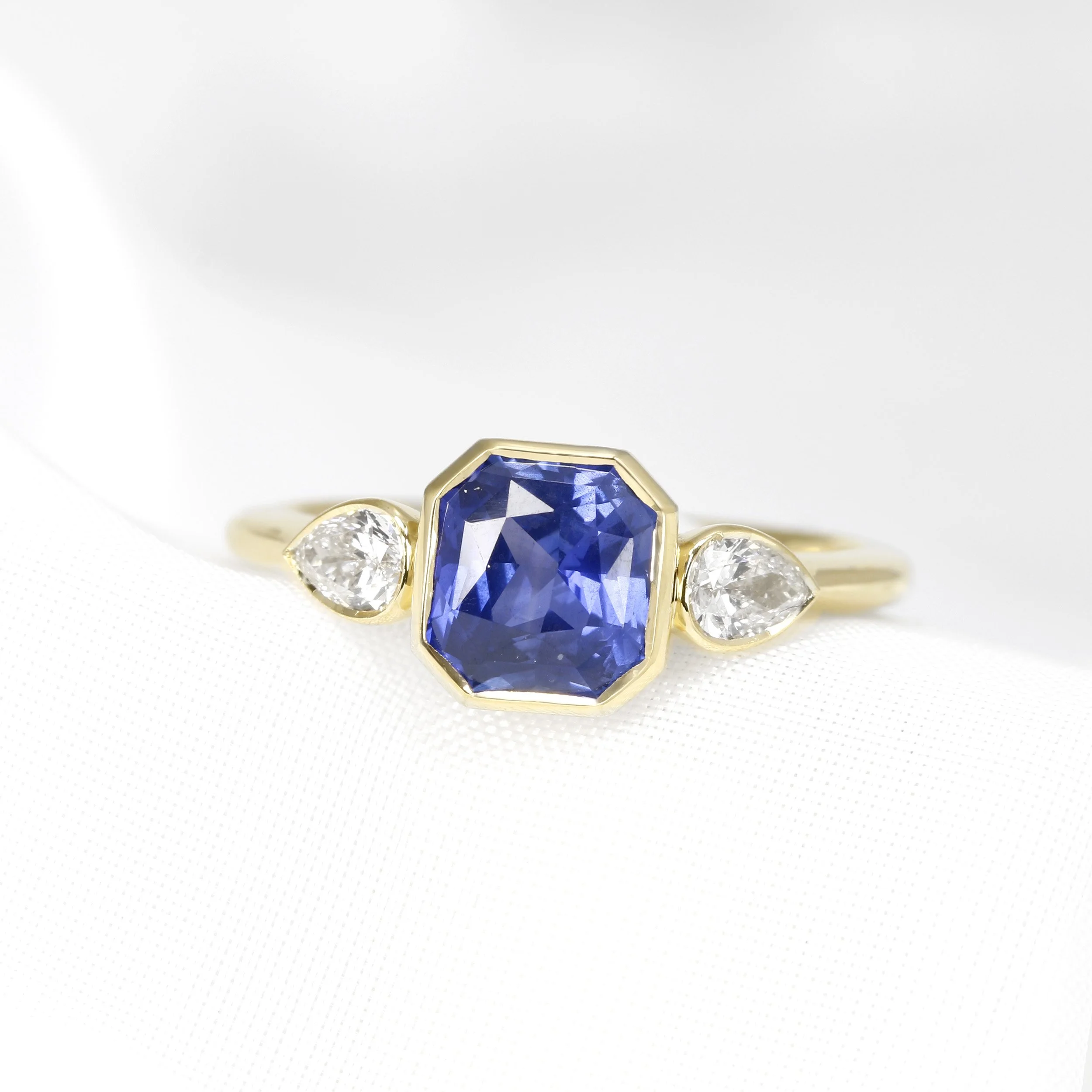 Octagonal Blue Sapphire & Pear Shape Diamond Ring in Yellow Gold
