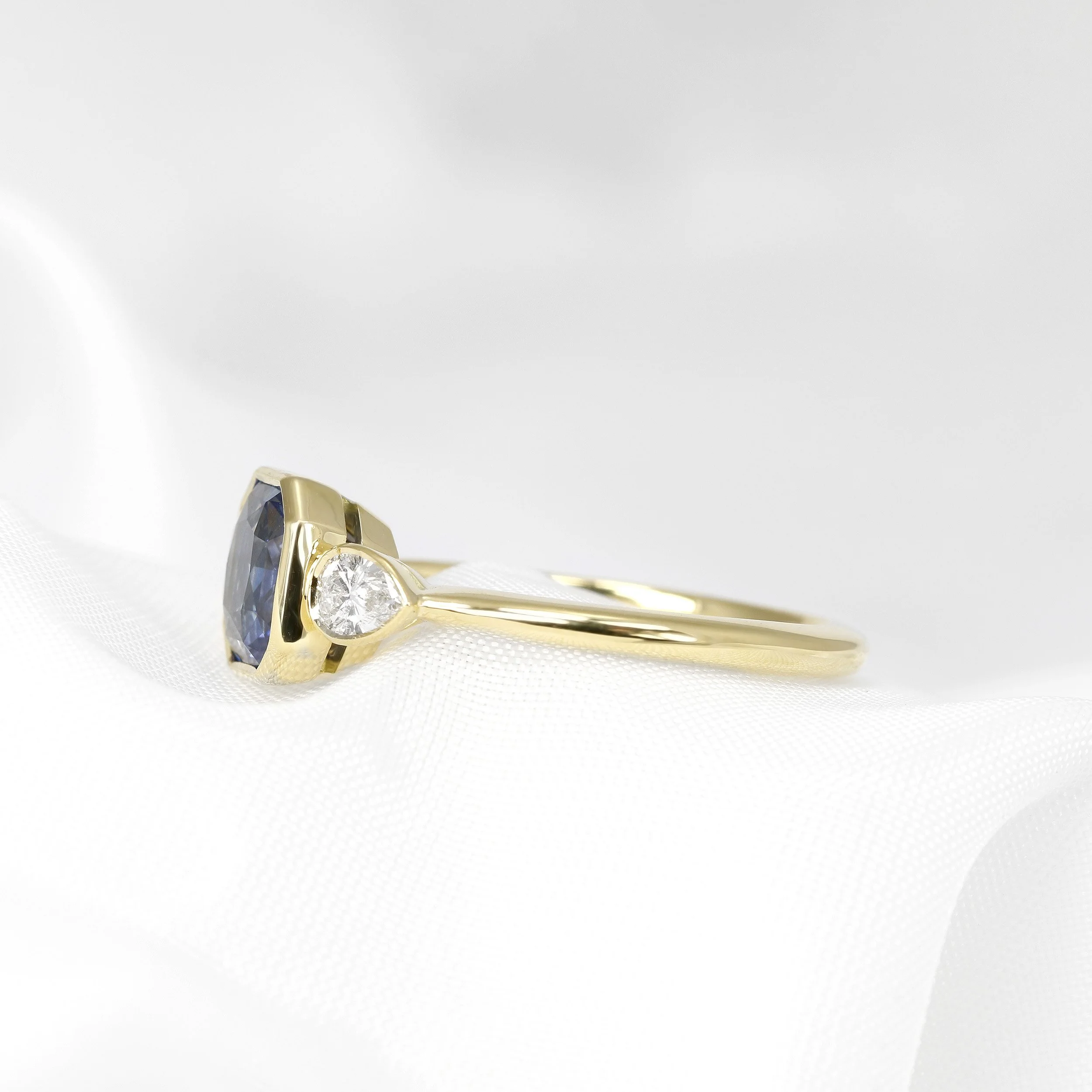 Octagonal Blue Sapphire & Pear Shape Diamond Ring in Yellow Gold