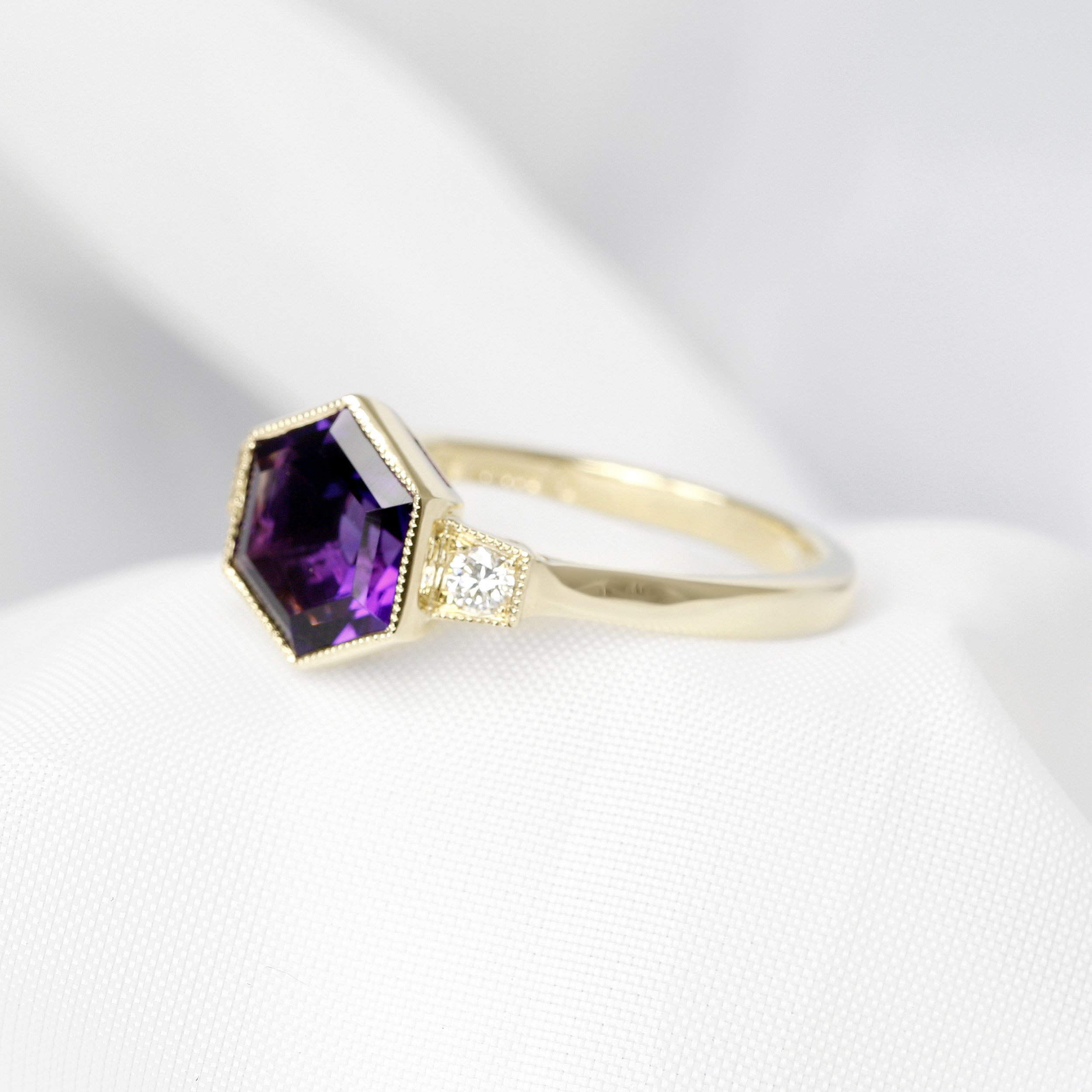 Hexagonal Amethyst & Diamond Ring