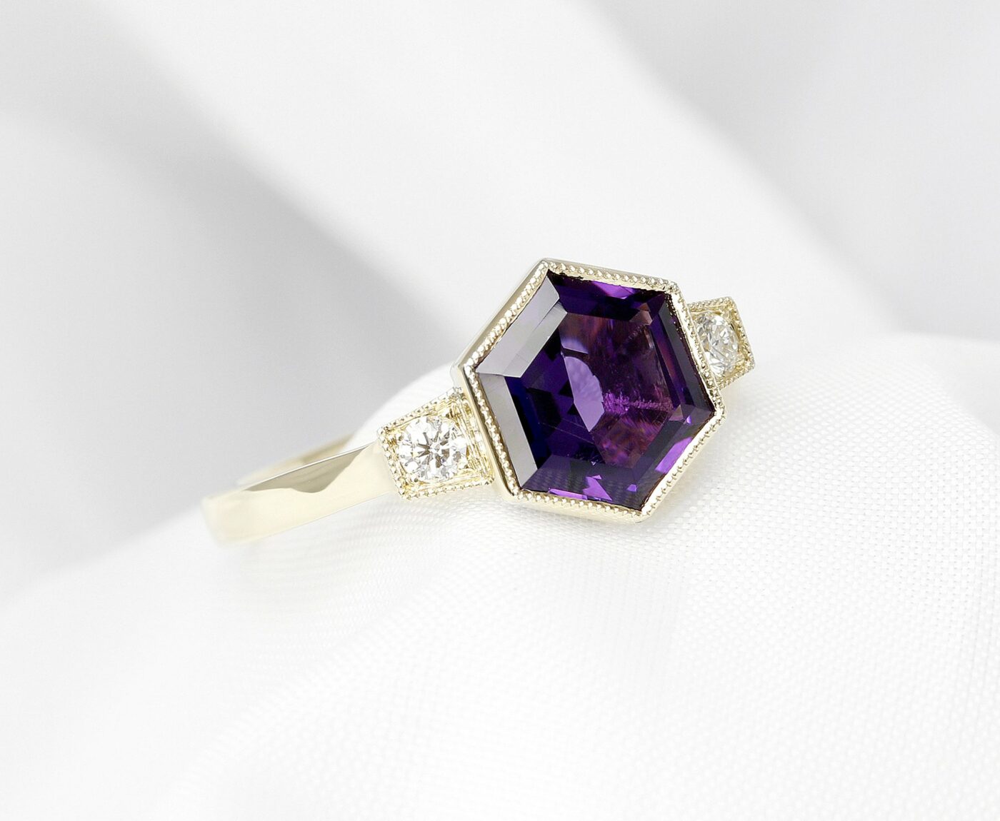 Hexagonal Amethyst & Diamond Ring in 9ct Yellow Gold 