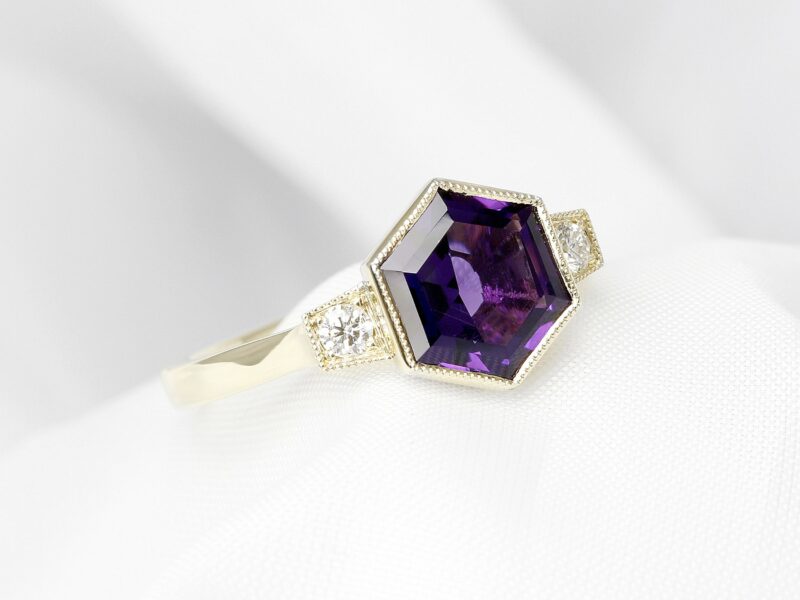 Hexagonal Amethyst & Diamond Ring in 9ct Yellow Gold