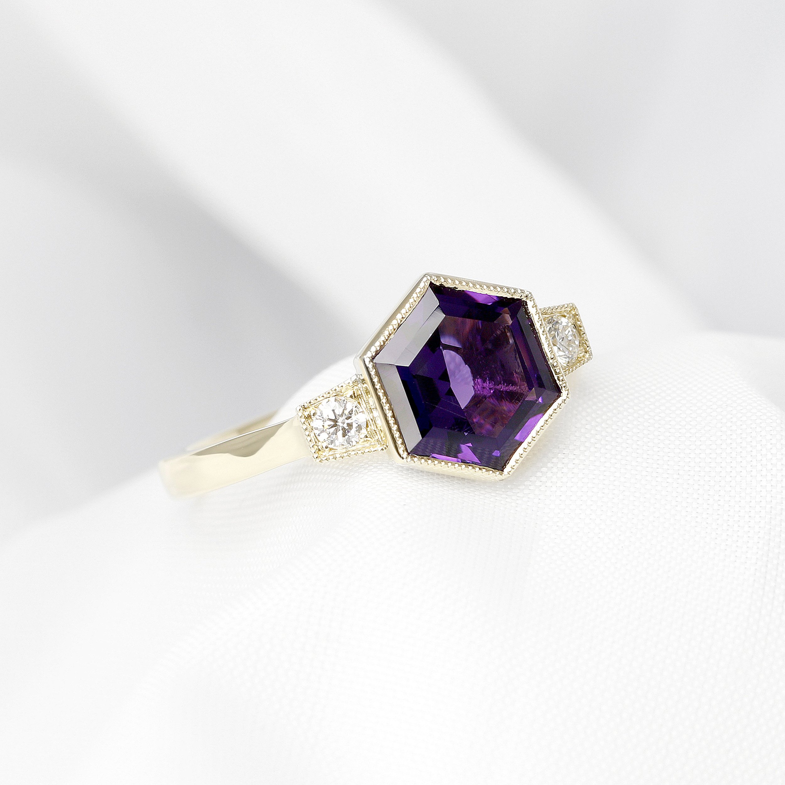 Hexagonal Amethyst & Diamond Ring