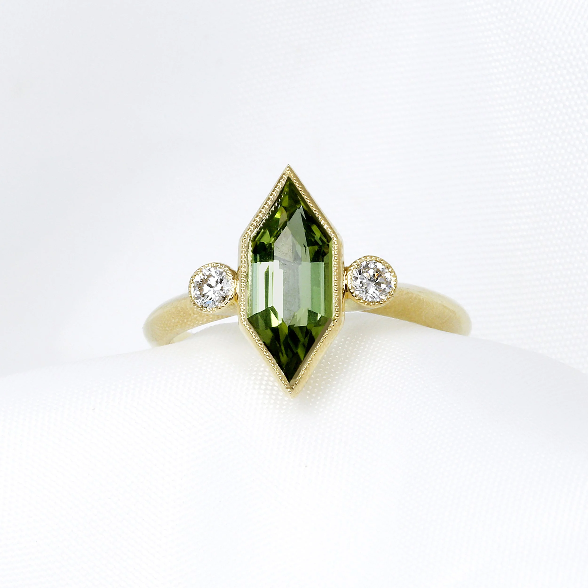Tourmaline & Diamond Three Stone Ring in Yellow Gold